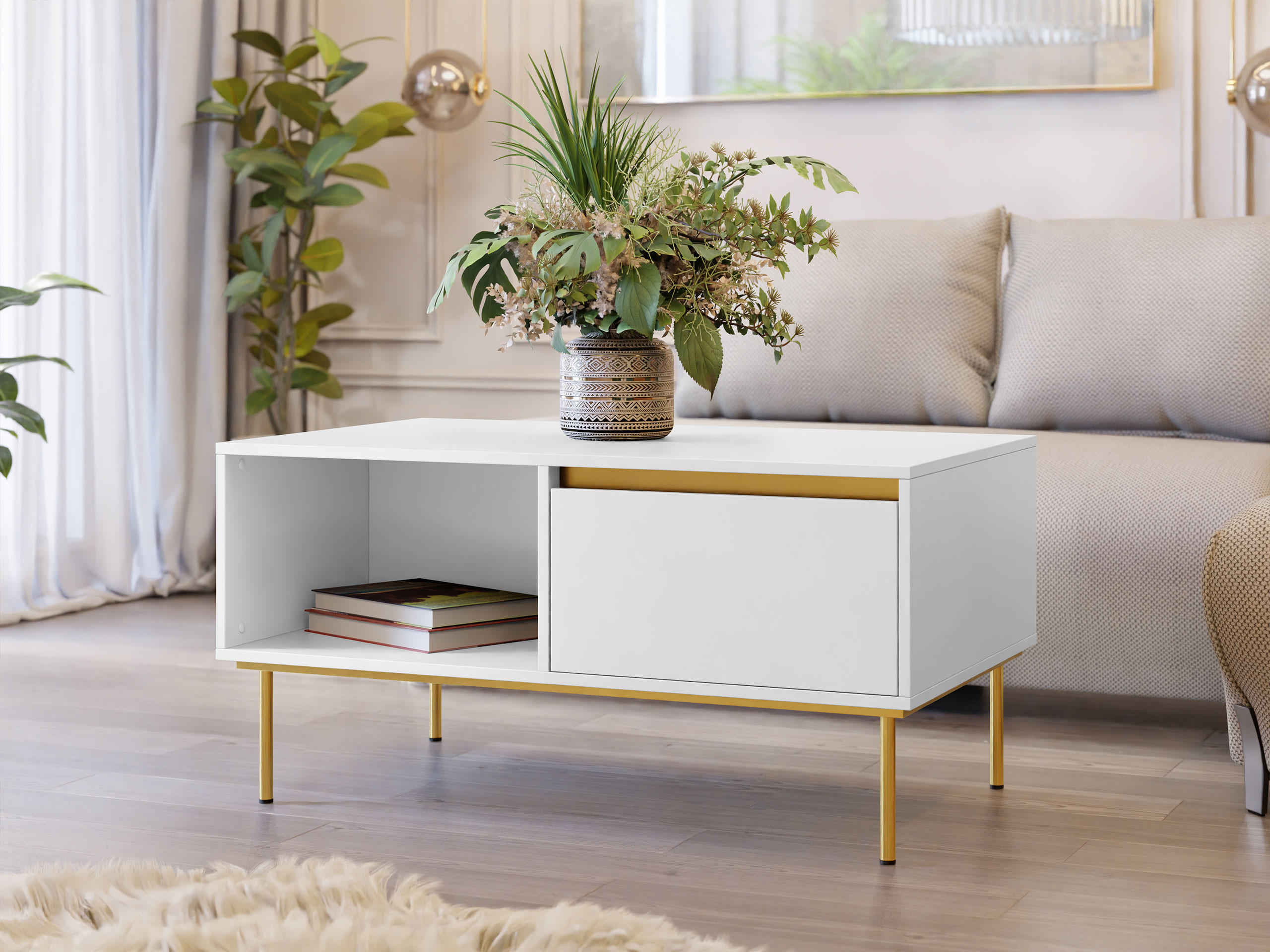 COUCHTISCH Carmesi - Goldfarben/Weiß, Holzwerkstoff/Metall (60/100/50cm) - MIRJAN24