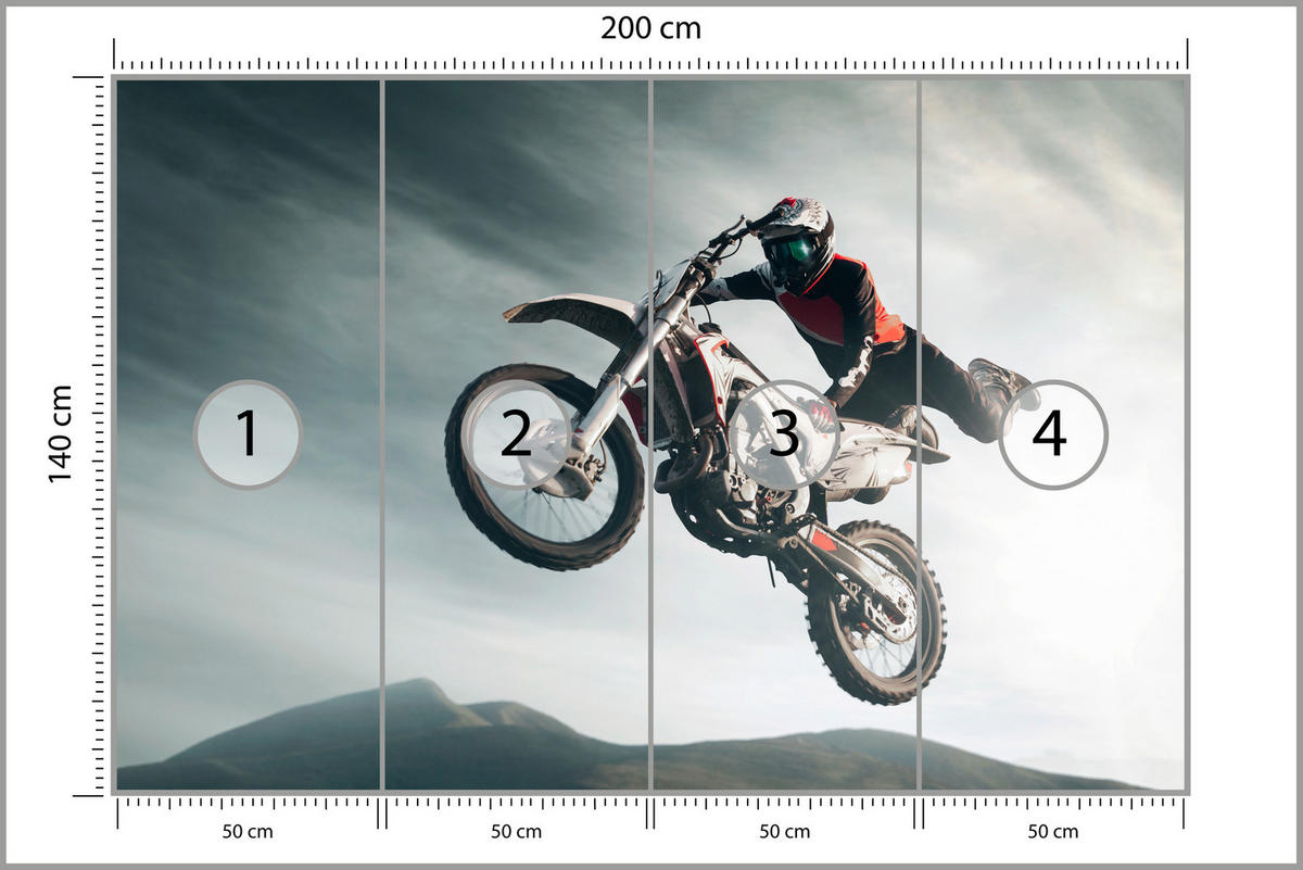 FOTOTAPETE für Jugendzimmer Motocross Sprung Mann Sport Berge Action 200x140 - Grau, Papier (200/140cm) - Muralo
