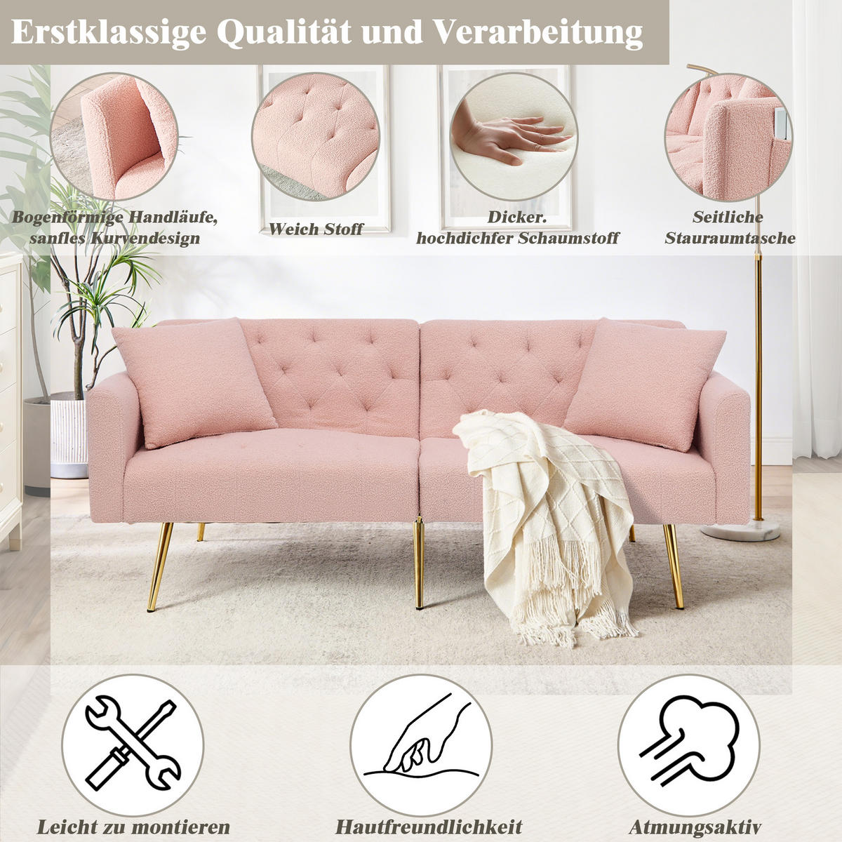SCHLAFSOFA 177/78/74 cm in Pink Teddyfell mit Aufbewahrungstasche - Rosa, Textil (177/74/78cm) - Oxeza