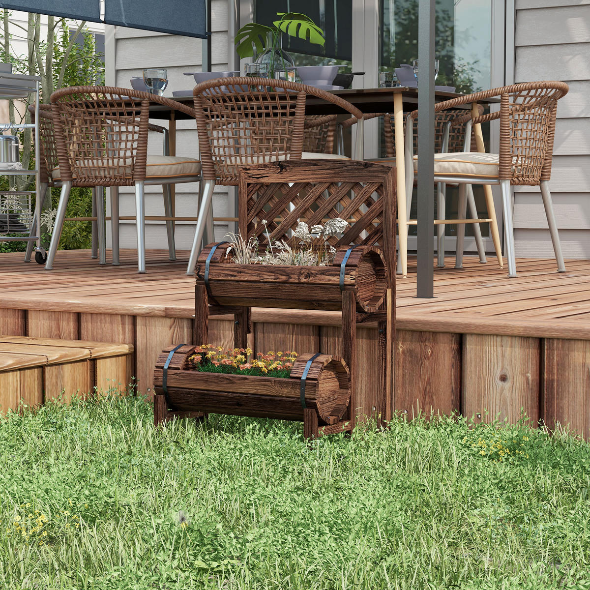 HOCHBEET 2-Etagig DE-12155 mit Rankgitter 42/49/80 cm Braun - Braun, Holz (42/80/49cm) - ComfortXL