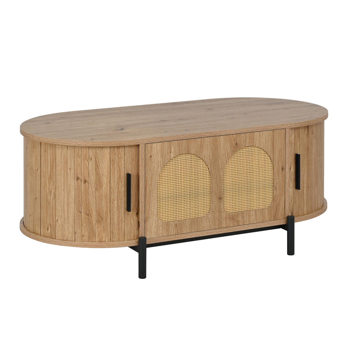 COUCHTISCH Oval Mit Rattan Türen Schiebetüren Stauraum Wohnzimmer MDF Natur 100x50x40 cm - Naturfarben, Holzwerkstoff (100/50/40cm) - EVRYAE