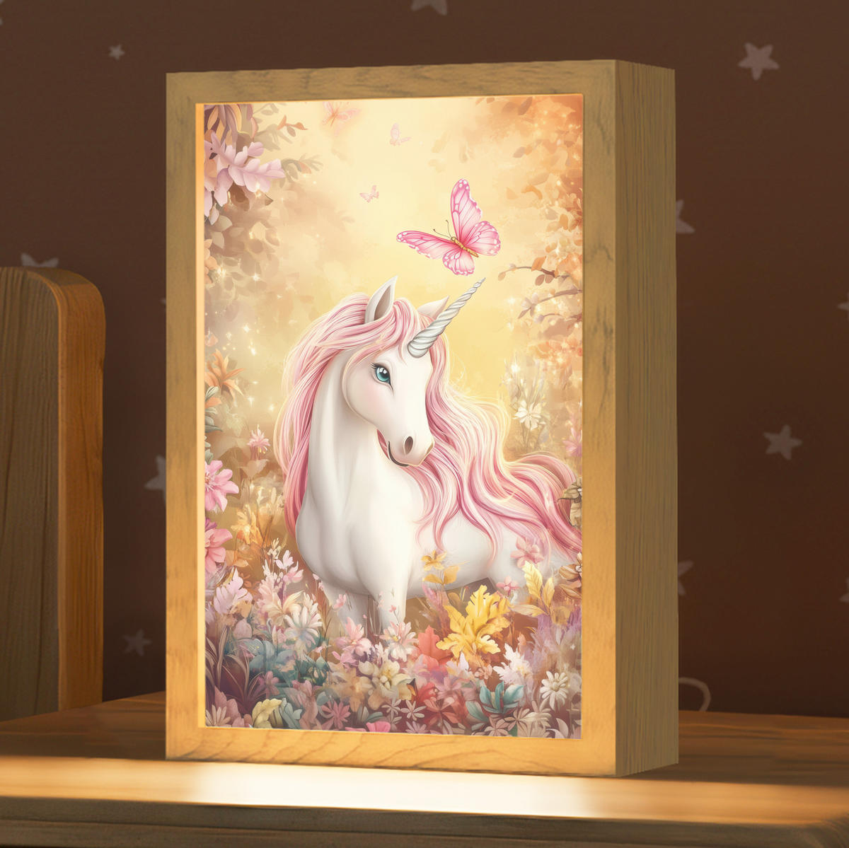 NACHTTISCHLAMPE Einhorn - Blumen - Schmetterling - Rosa 20x30 cm - Beige, Holzwerkstoff (8/20/30cm)