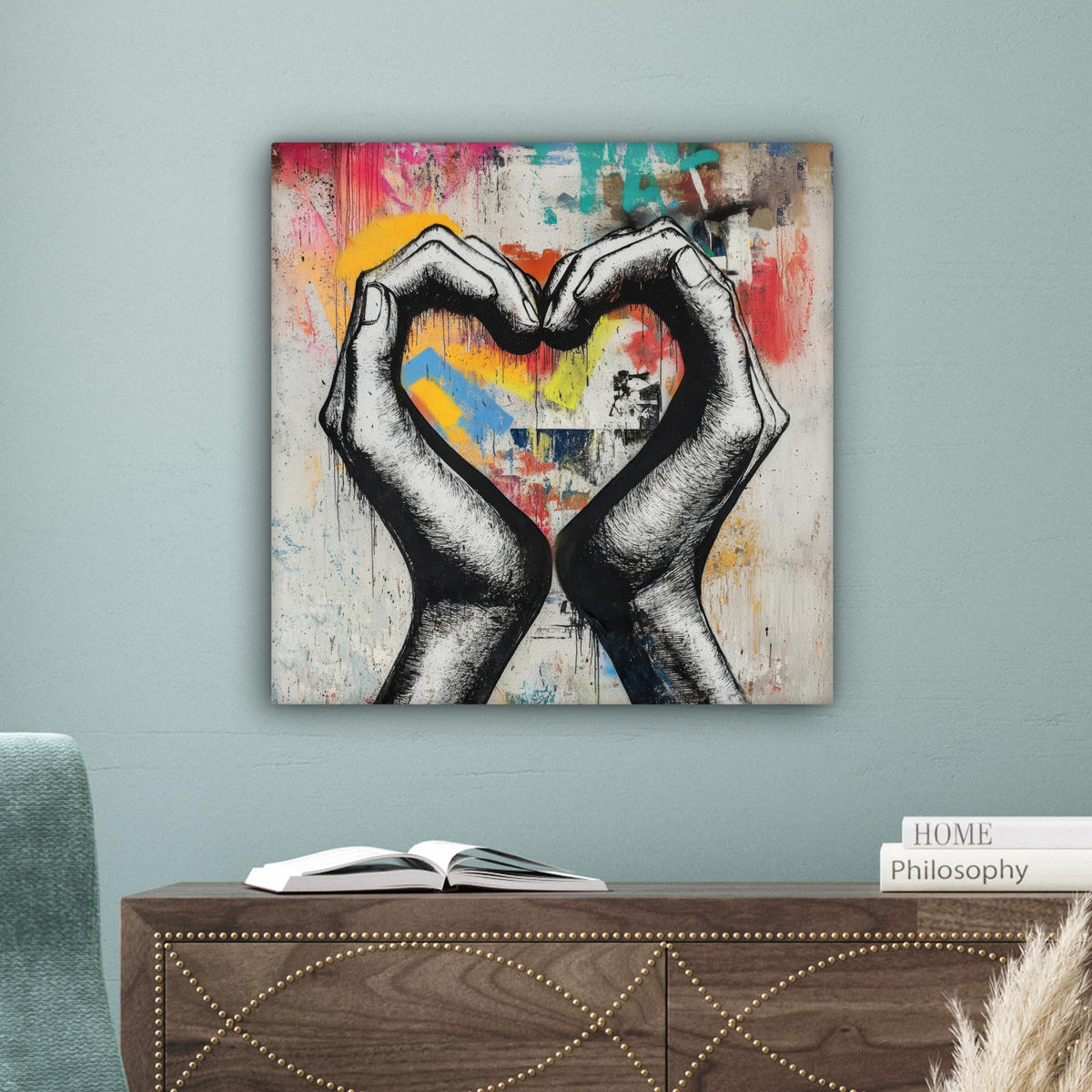 OBRAZ NA PLÁTNE Ruky - Srdce - Street art - Graffiti 50x50 cm - viacfarebná, textil (50/50cm) - MuchoWow