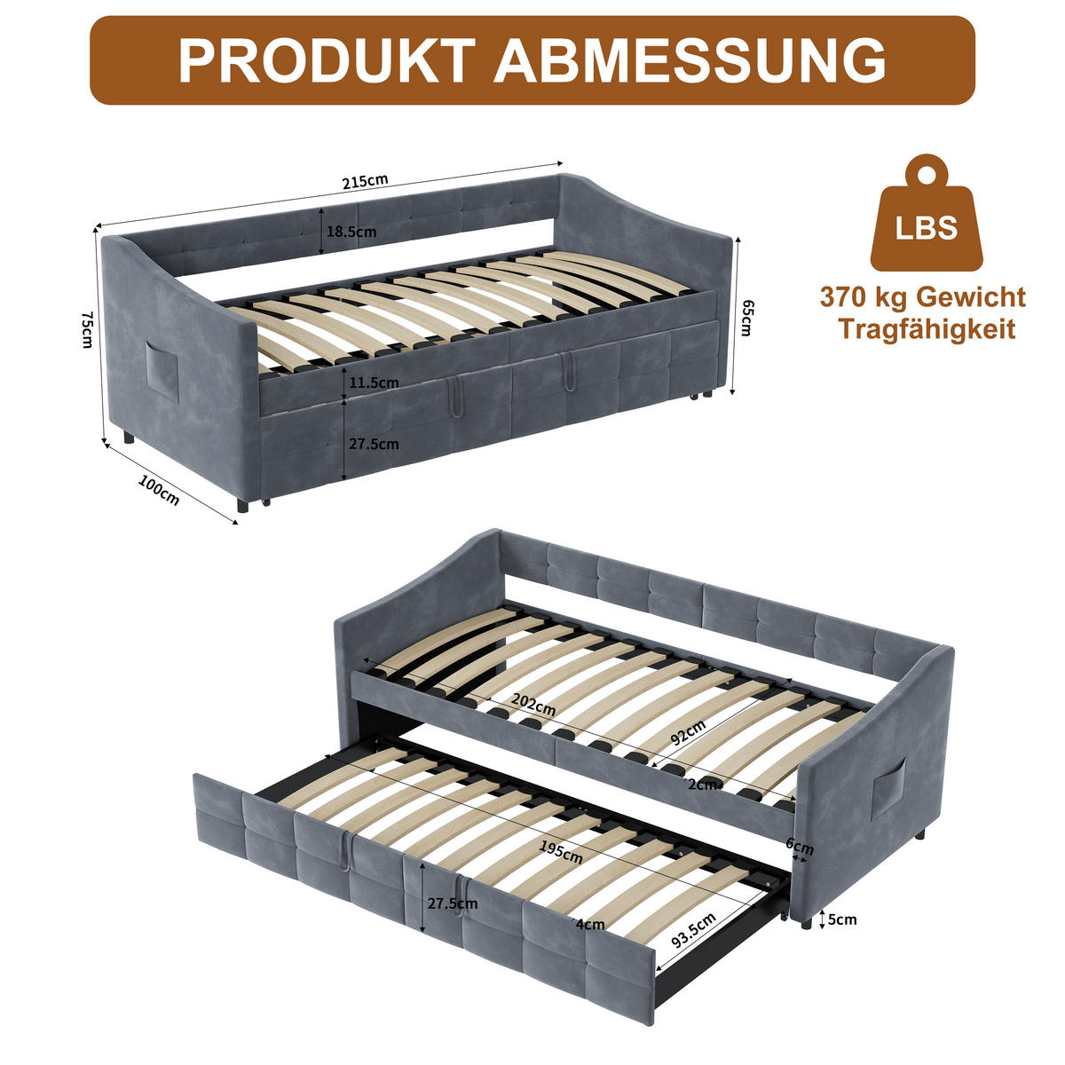 POLSTERBETT 90/200 cm Grau mit Ausziehbett - Grau, Metall (90/200cm) - EuroLiving