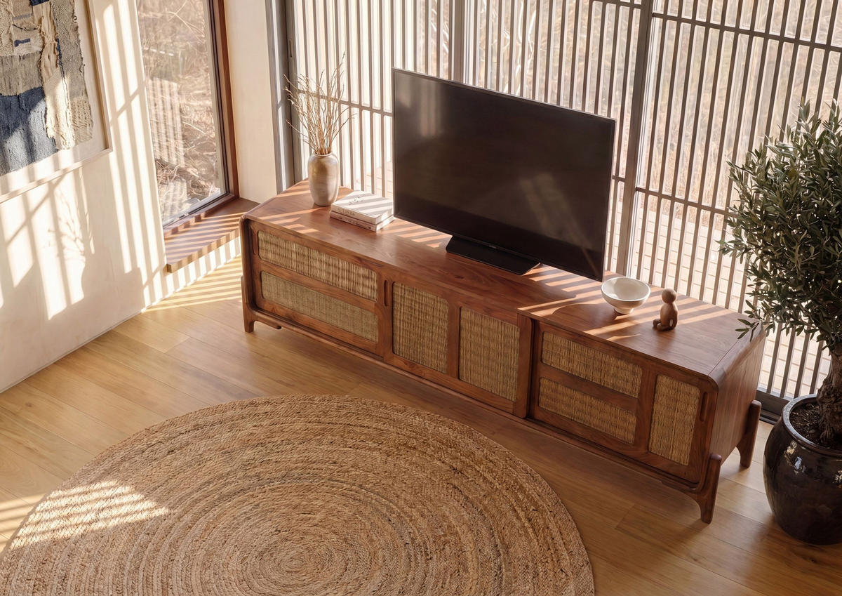 TV-BOARD Mango/Seegras 200x40x50 hellbraun lackiert MIZUMI #108 - Braun, Holz (200/50/40cm) - Massivmoebel24