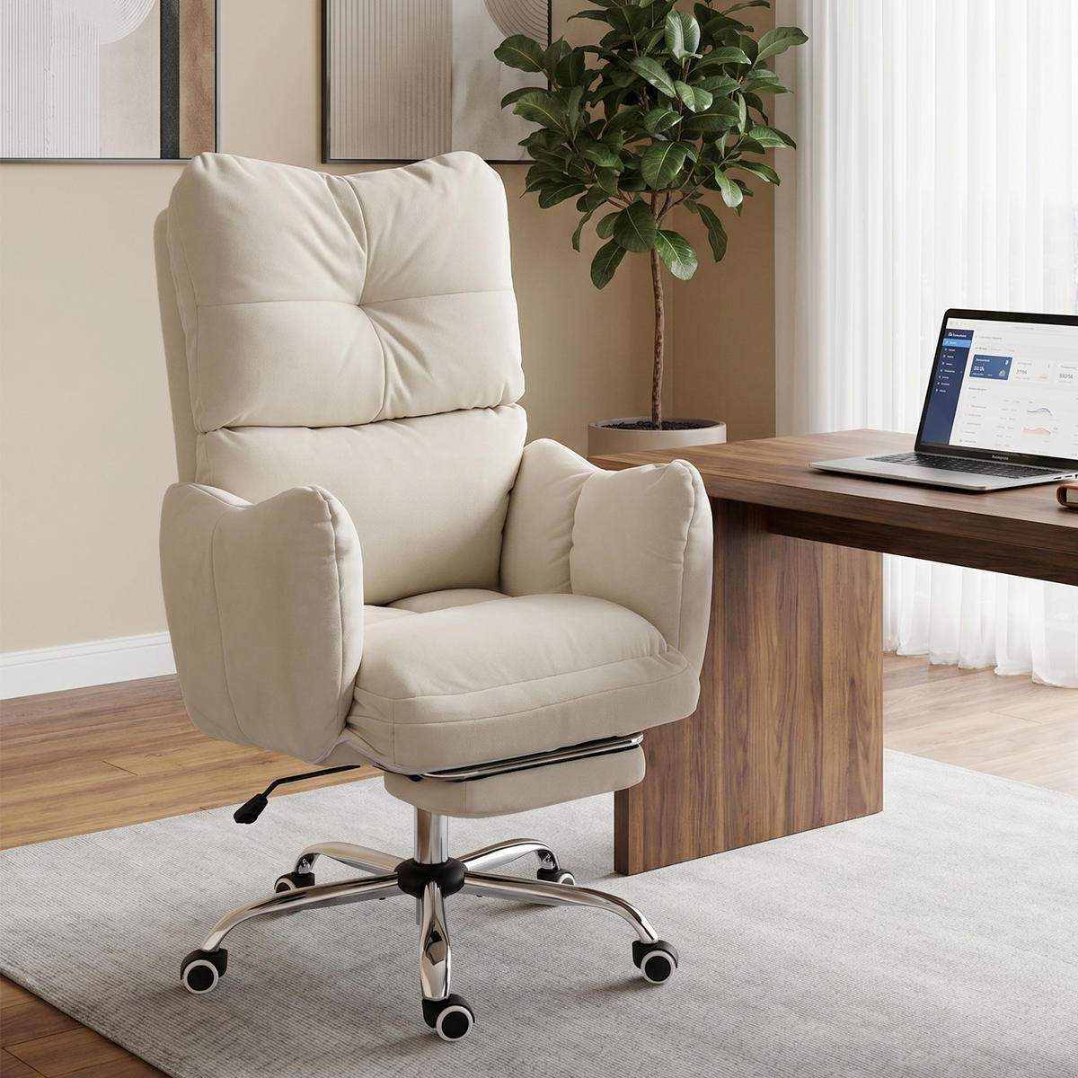 BÜROSTUHL Schwamm Stahl Cremeweiß - Creme, Textil/Metall (73/119/73cm) - HOMCOM