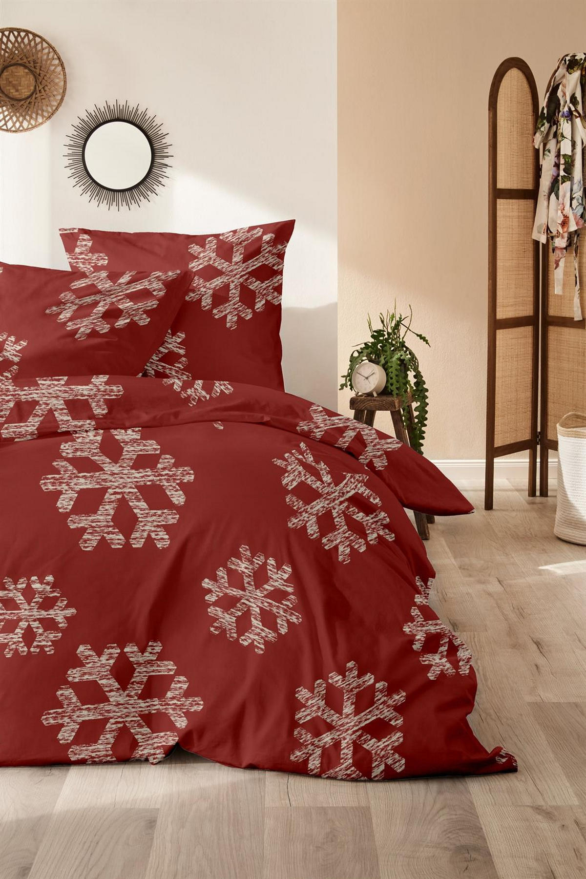 BIBER-BETTWÄSCHE 155x220 - Kuschelig warmer Flanell Bettbezug aus 100% Baumwolle für Herbst & Winter - Schneeflocke - Rot, Textil (155/220cm) - Carpe Sonno