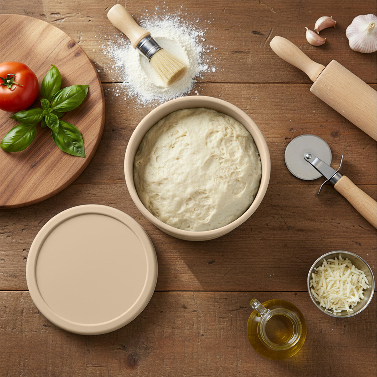 PIZZATEIGBOX Beige 4er-Set Silikon mit Deckel - Beige, Kunststoff (14.5/6.5/14.5cm) - Relaxdays