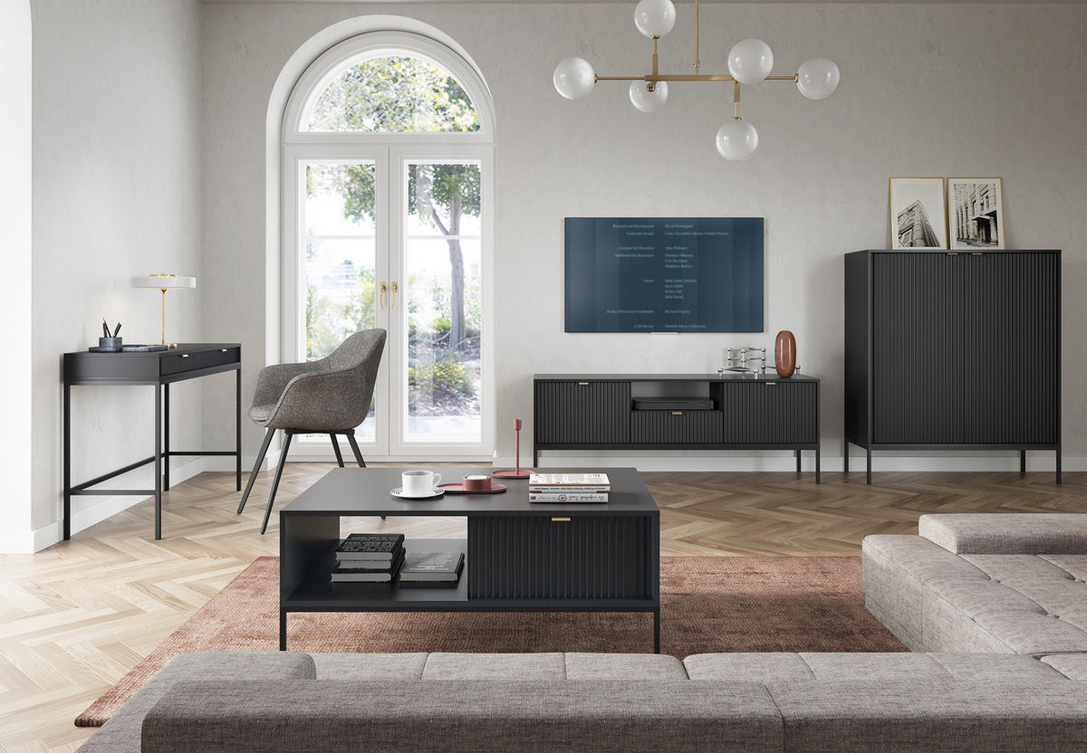 NACHTTISCH Nova - NOC, Geriffelte Front mit Goldenes Griffdesign 54x39x56 cm Schwarz - Schwarz, Holzwerkstoff/Kunststoff (54/56/39cm) - DomoHome
