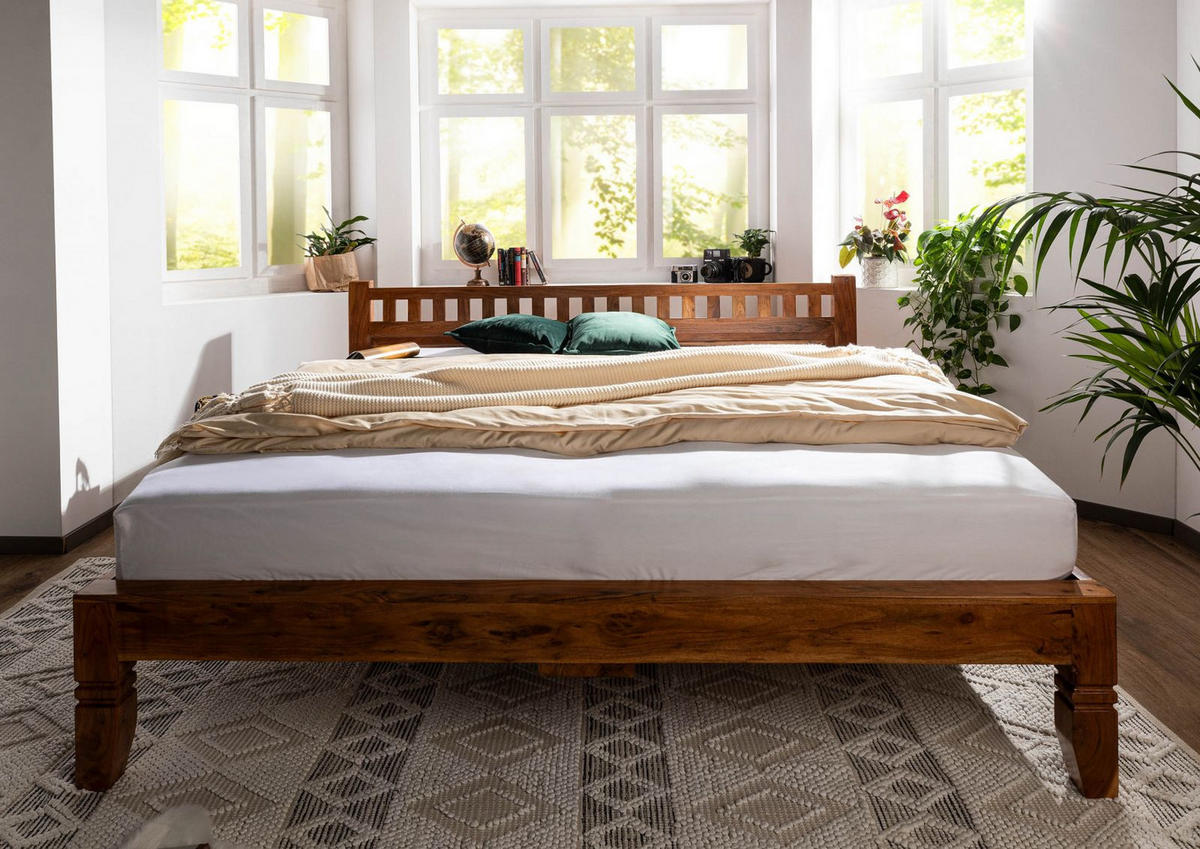 BETT Massivholz Akazie 200 x 200 x 90 hellbraun OXFORD #224 - Braun, Holz (200/200cm) - Massivmoebel24
