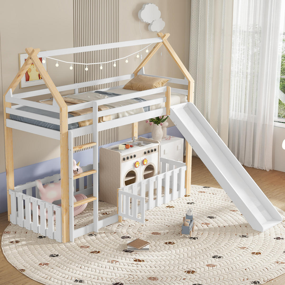 ETAGENBETT 90/200 cm aus Kiefer, MDF und Sperrholz mit Rutsche, Weiß/Natur - Naturfarben, Holz (90/200cm) - OKMYHOME