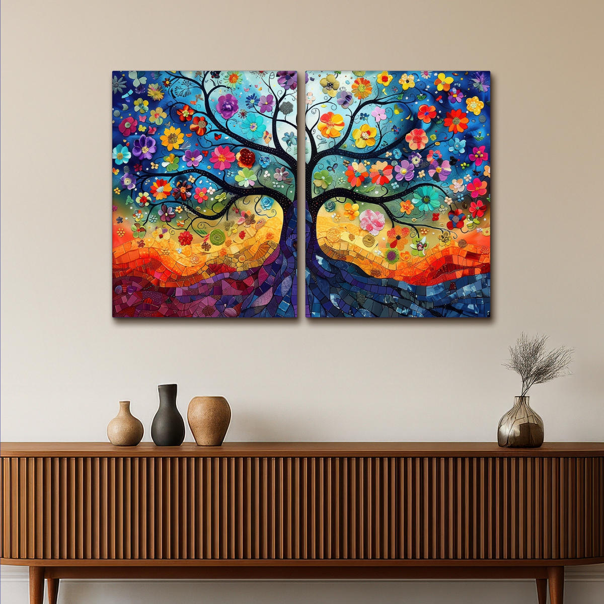 LEINWANDBILD 2er Set Bunt - Baum des Lebens - Blumen - Abstrakt 100x70 cm - Blau, Textil (100/70cm) - MuchoWow