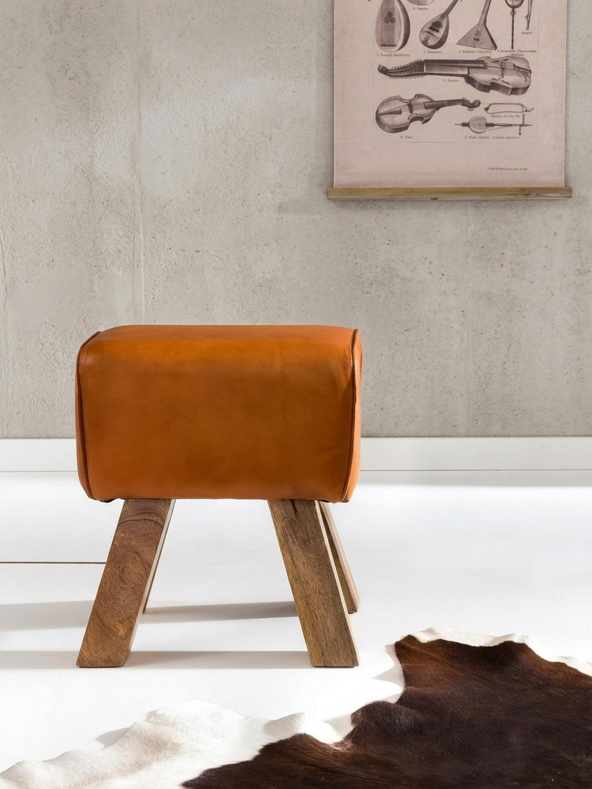 SITZHOCKER Retro Landhaus Holzbeine, Braun 40x30x47 cm - Braun, Mangoholz/Leder (40/47/30cm) - KADIMA DESIGN