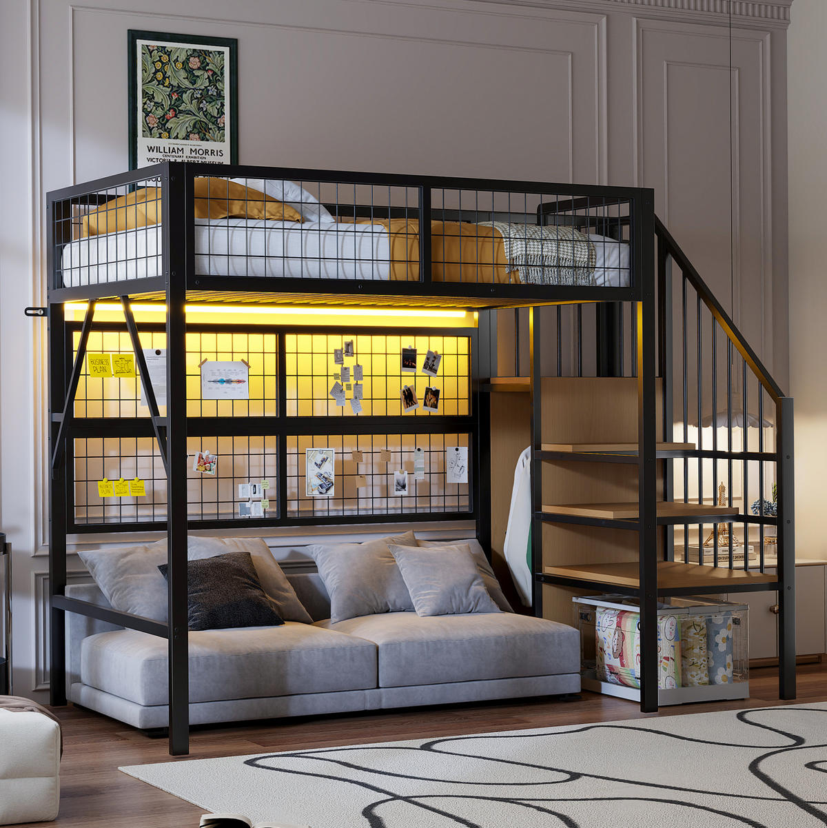 HOCHBETT 90/200 cm aus Metall mit Treppe, Stauraum und App-gesteuerter LED-Beleuchtung Schwarz - Schwarz, Metall (90/200cm) - Modenvie