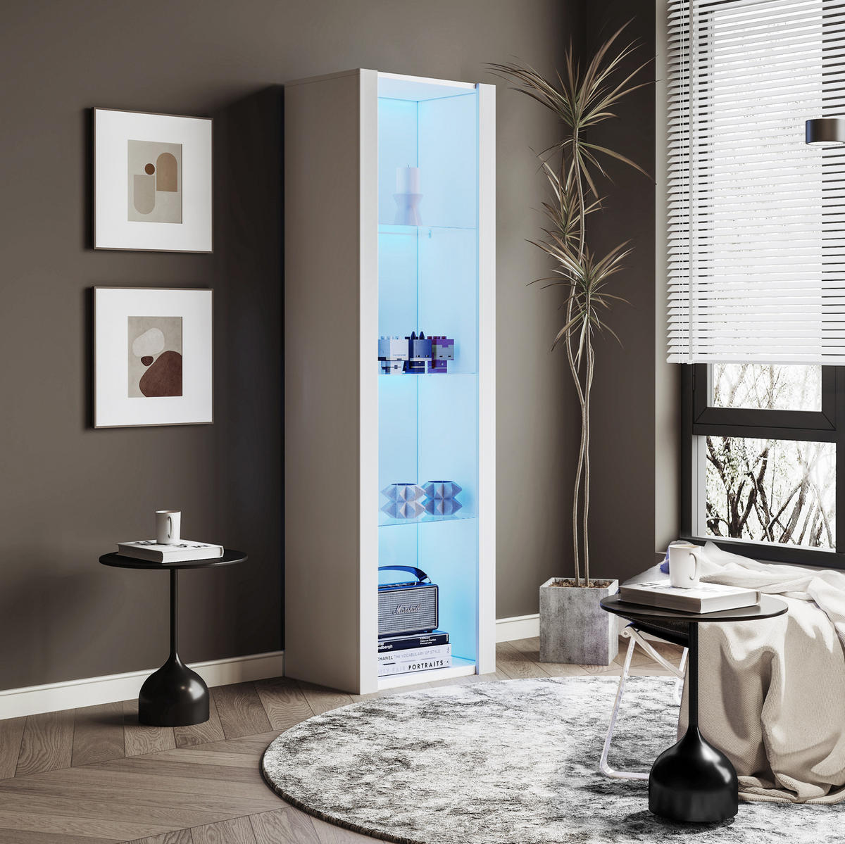 VITRINE 55/38/166 cm mit LED-Beleuchtung, 3 Glasböden und Hochglanzfront, Weiß - Weiß, Holzwerkstoff (55/166/38cm) - Redom