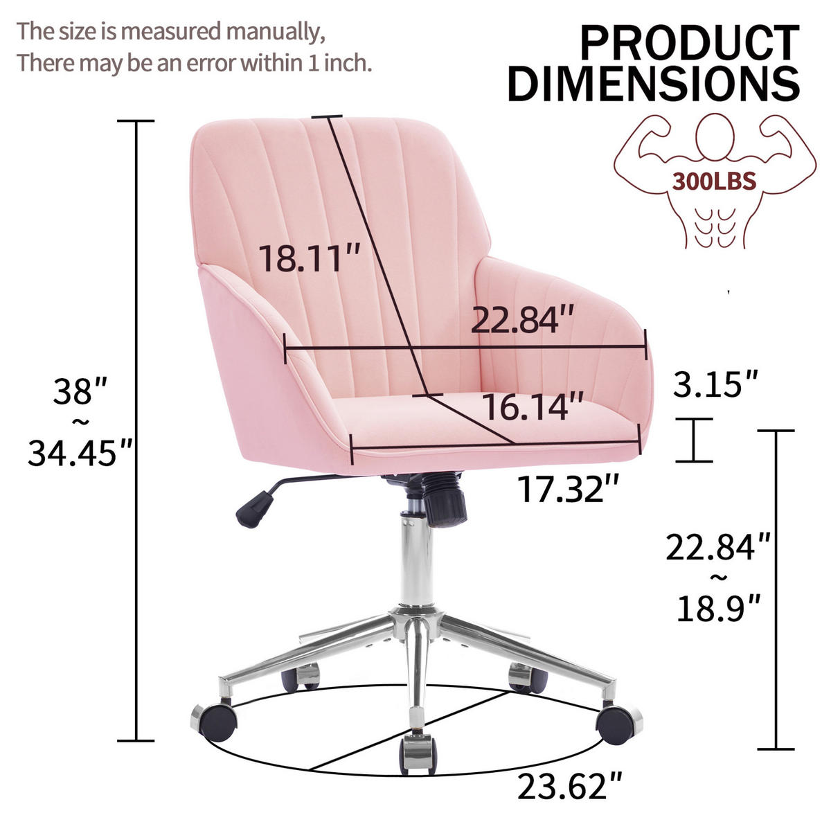 BÜRODREHSTUHL höhenverstellbar 50 bis 59 cm Velvet Pink - Pink, Metall (60/97/62cm) - Meubliv