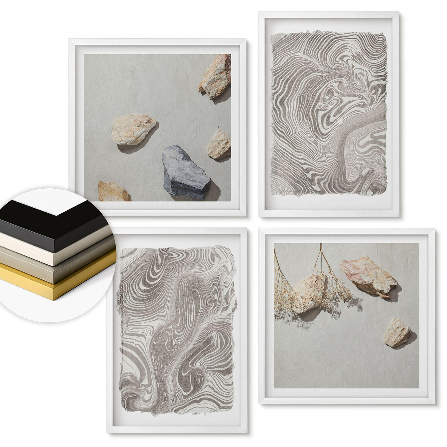 WANDBILDER 4er-Set - 50x50 cm & 40x60 cm Weißer Rahmen - Moderne abstrakte Formen - Weiß, Kunststoff (50/50cm) - ArtPrintCave