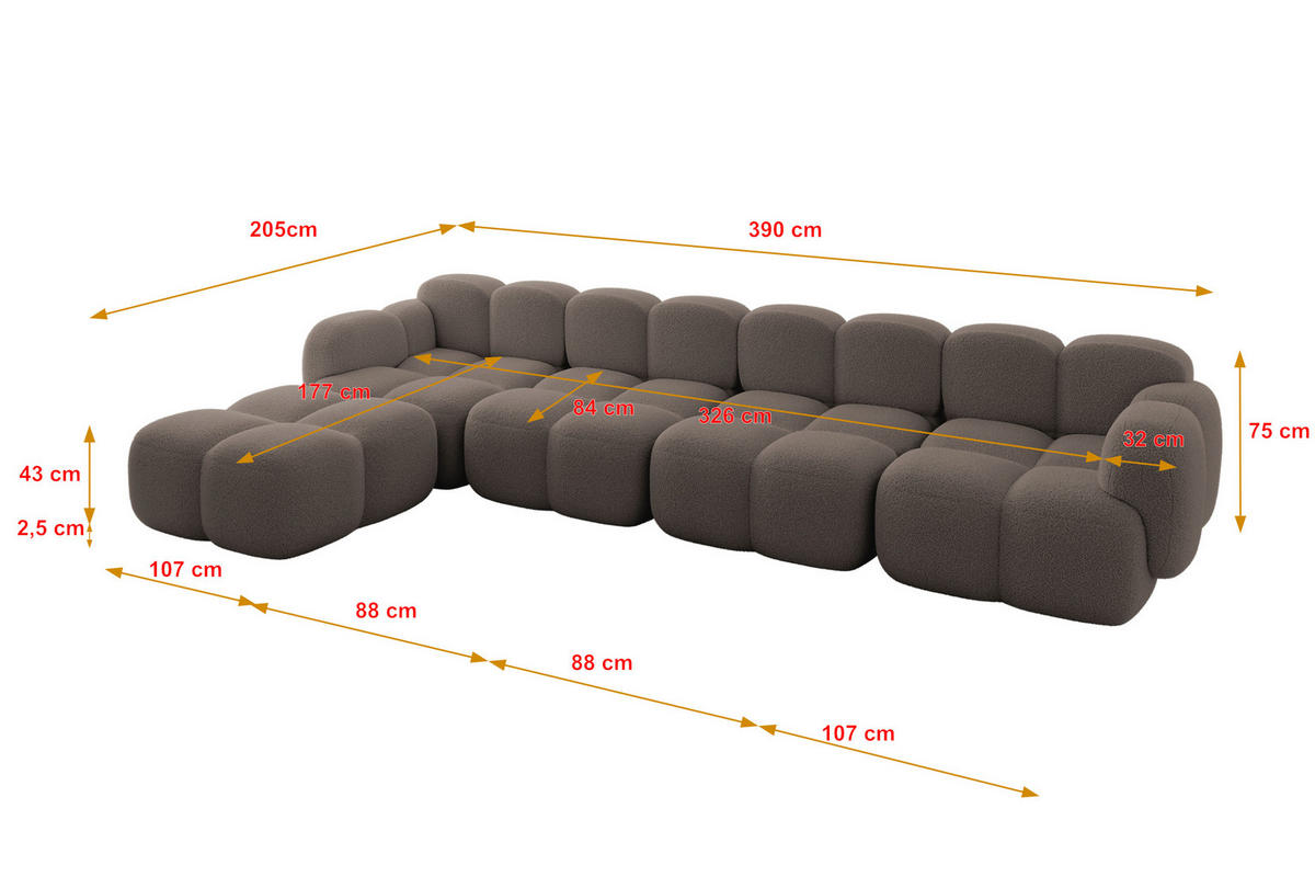 ECKSOFA modulares Sofa Links Miko-L3 390x205x75 Braun Bouclé - Dunkelbraun/Schwarz, Holzwerkstoff/Kunststoff (390/205cm) - ALTDECOR