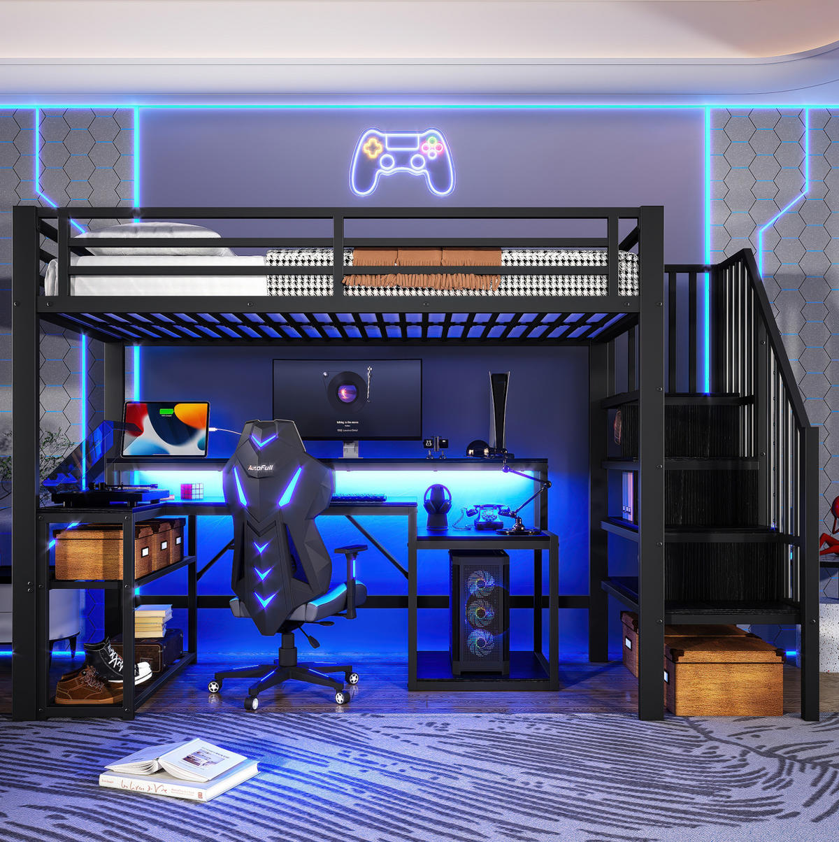HOCHBETT 255/95,5/170 cm aus Metall und MDF mit Schreibtisch und LED-Lichtleiste Schwarz - Schwarz, Metall (90/200cm) - Modenvie
