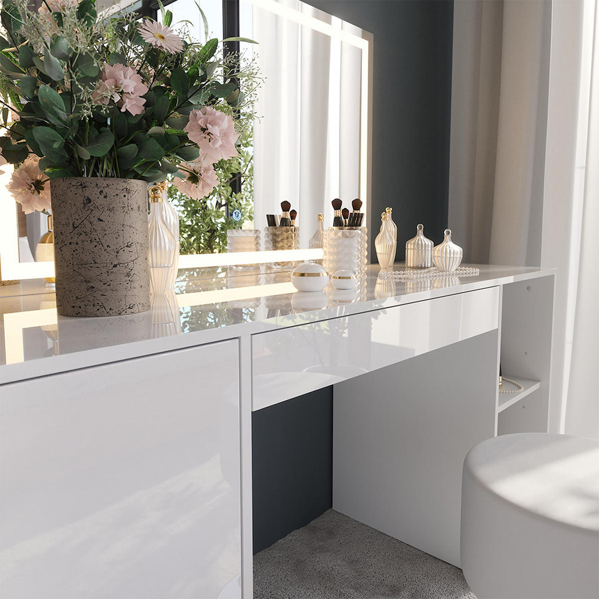 SCHMINKTISCH Sherry Weiß/Weiß Hochglanz 158.2 cm mit LED-Spiegel und Hocker - Weiß Hochglanz, Holzwerkstoff (158.2/76/50.1cm) - Vicco