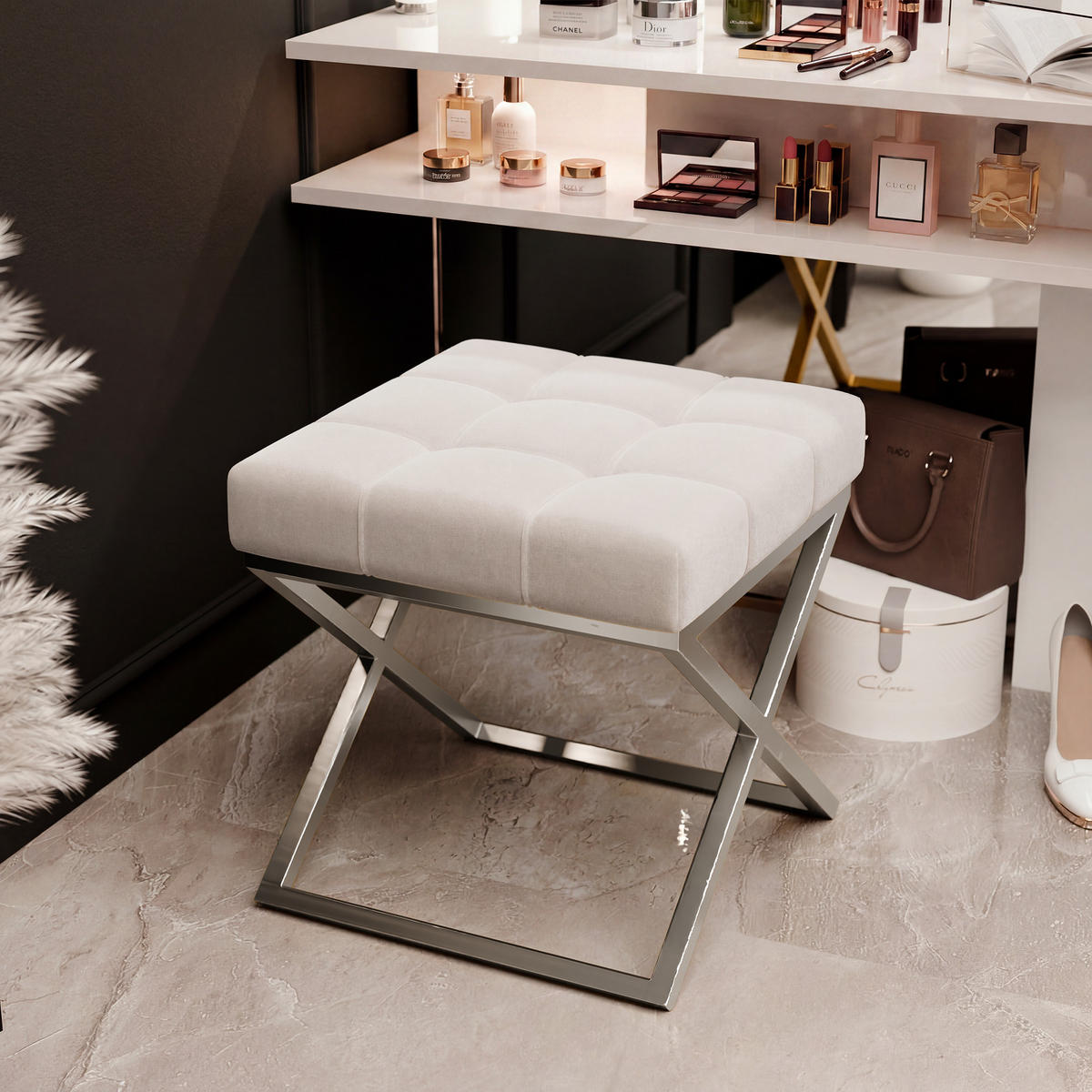 HOCKER LIND 45/45/45 cm, Chrom / Hellbeige - Sandfarben/Chromfarben, Textil/Metall (45/45/45cm) - Idohome