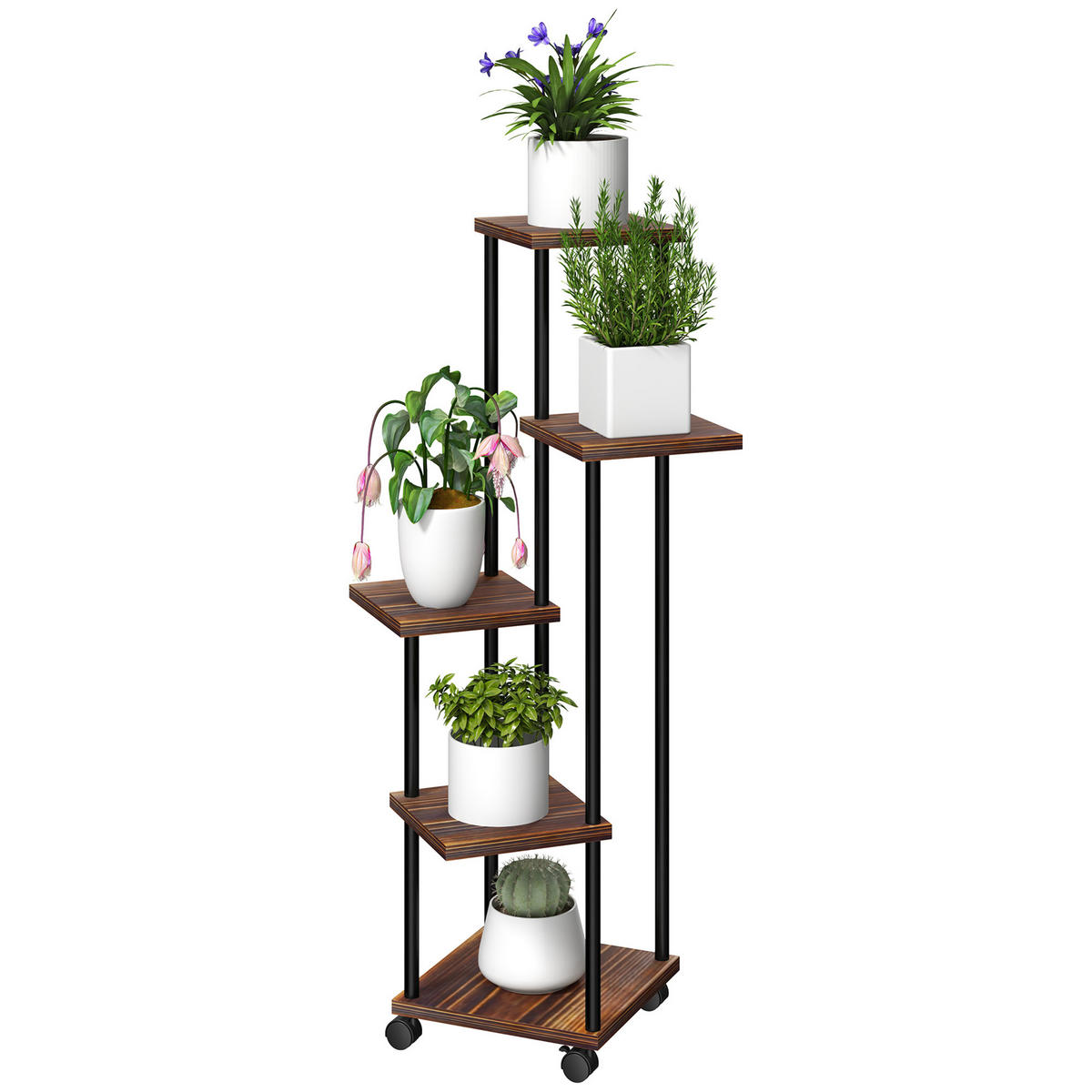 BLUMENSTÄNDER DE-05304 5 Ebenen, versetzt, mit Rollen Holz/Stahl - Naturfarben, Holz (59/59/110cm) - ComfortXL
