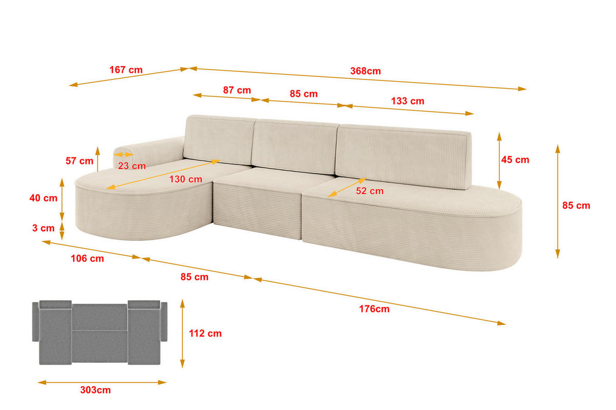 ECKSOFA mit Schlaffunktion Ottomane Links MARI L2-S 368X167X85 Beige Cord - Schwarz/Cappuccino, Holzwerkstoff/Kunststoff (368/167cm) - ALTDECOR