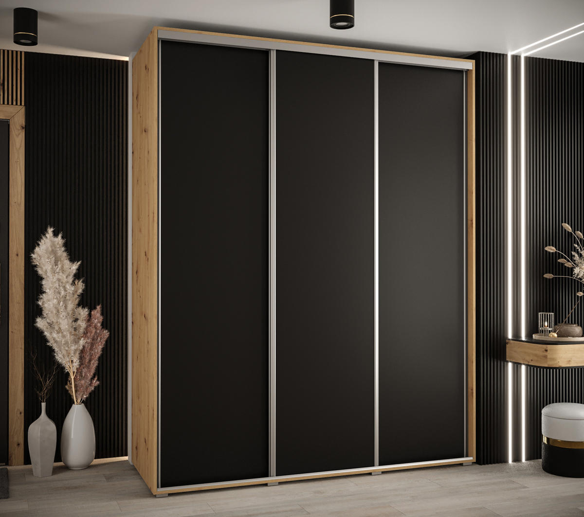 SCHWEBETÜRENSCHRANK 235,2/200/60 3-türig - Silberfarben/Schwarz, Holz/Metall (200/235/60cm) - Abiks Möbel