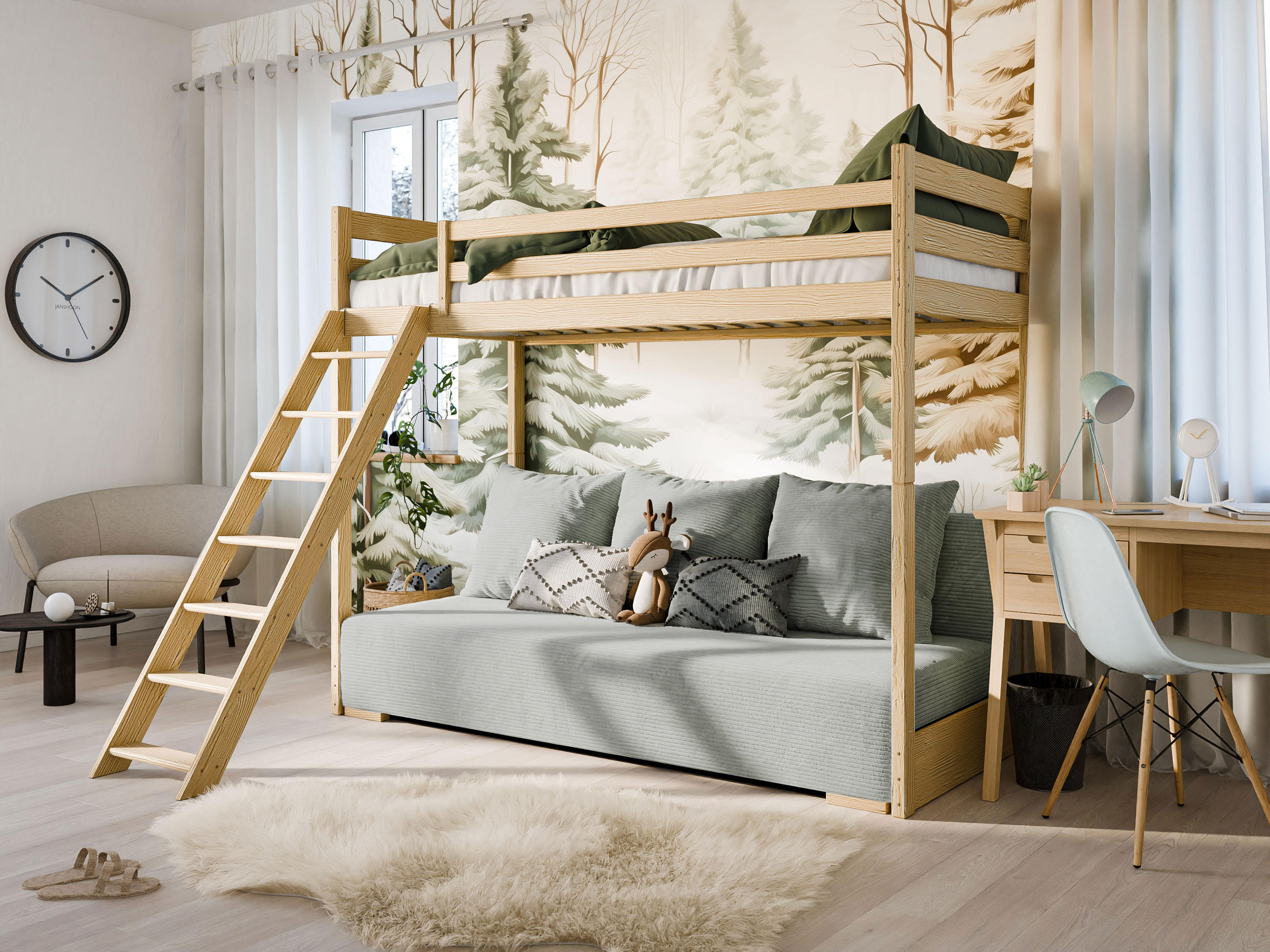 HOCHBETT mit Schlafsofa 200x140 cm in natur und salbeifarben - Salbeigrün/Naturfarben, Holz (140/200cm) - Kids Collective