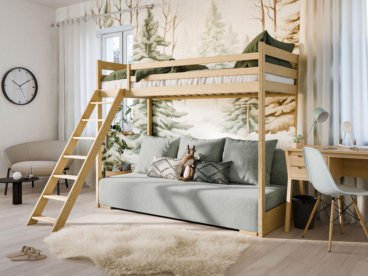 HOCHBETT mit Schlafsofa 200x140 cm in natur und salbeifarben - Salbeigrün/Naturfarben, Holz (140/200cm) - Kids Collective