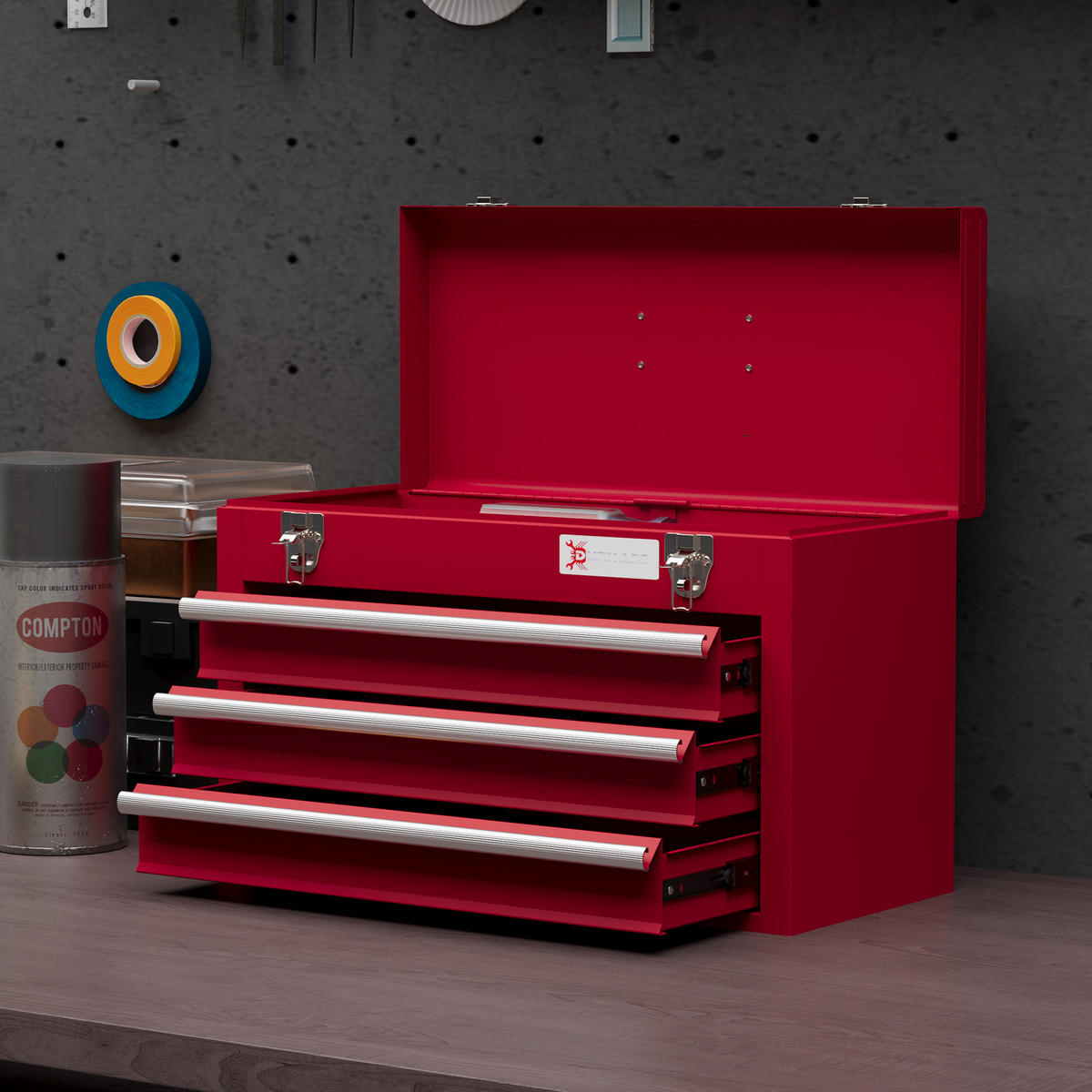 WERKZEUGKOFFER leer, 51 x 22 x 32 cm Werkzeugkasten mit 3 Schubladen Rot - Rot, Metall (22/32/51cm) - DURHAND