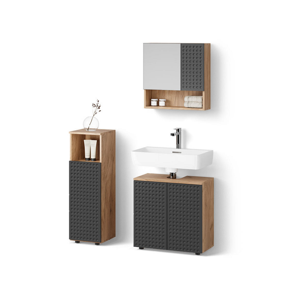 BADMÖBEL-SET Ronco Anthrazit gepunktet 3 Teile - Honigeiche/Anthrazit, Holzwerkstoff (60/59/30cm) - Livinity®