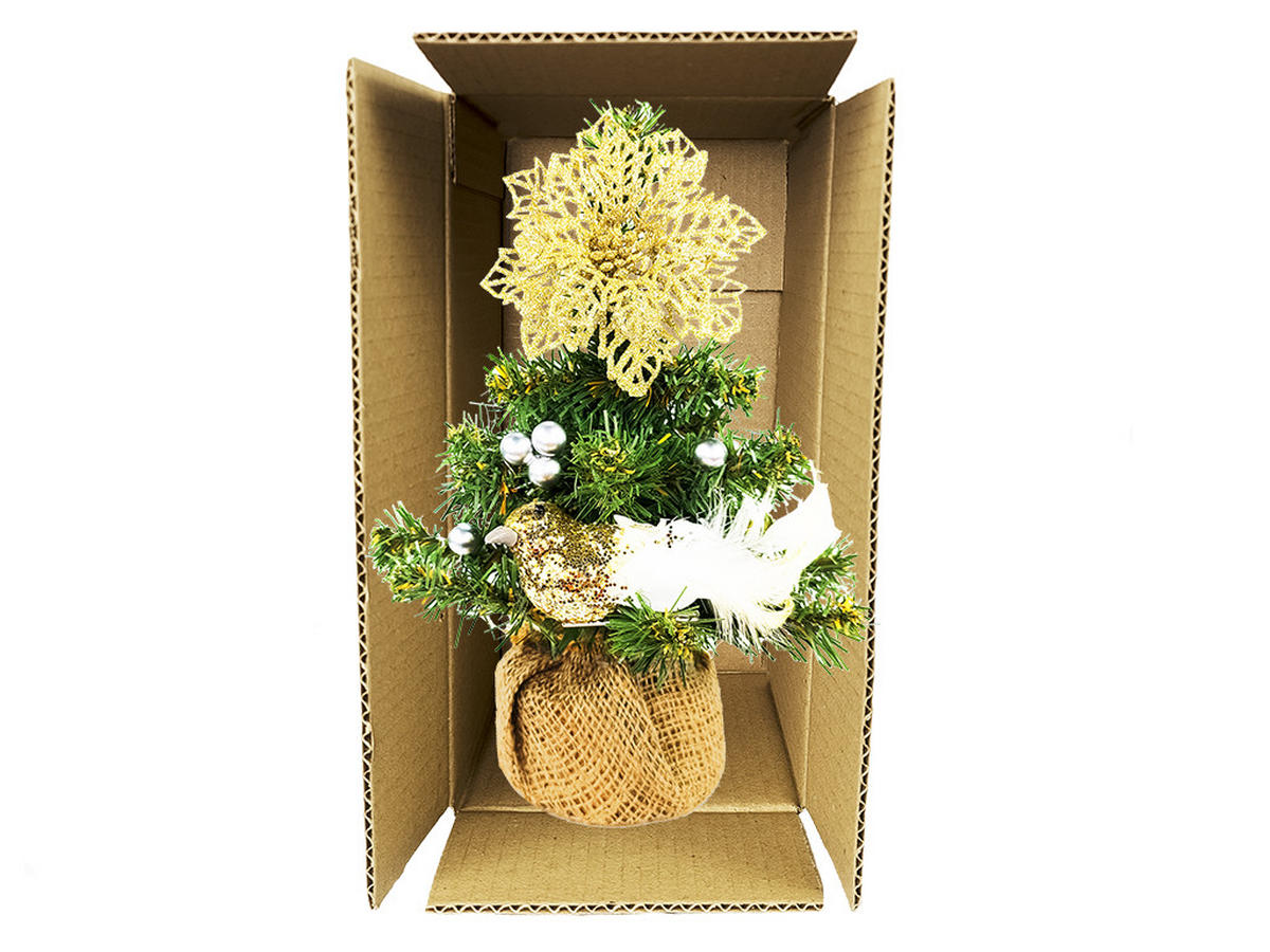 WEIHNACHTSBAUM künstlicher 25 cm, TINY 4, mit 14-teiligem Weihnachtsbaumschmuck, inkl. Metallständer und Aufbewahrungsbox - Champagner/Silberfarben, Kunststoff/Stein (18/25cm) - LAALU
