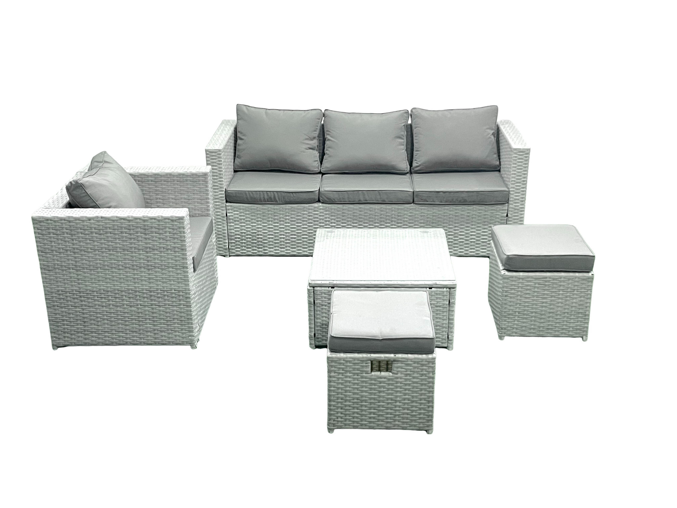 GARTENMÖBEL-SET mit Kissen Polyrattan Hellgrau-Mix 6-Sitzer - Hellgrau/Grau, Glas/Kunststoff - Fimous