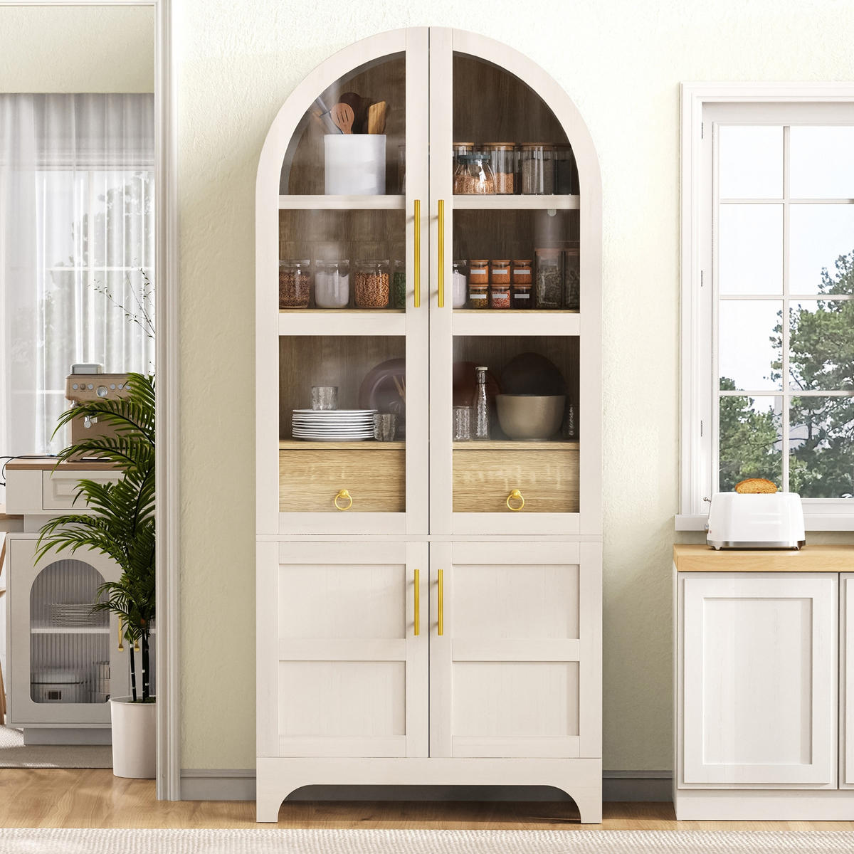 KÜCHENSCHRANK, 76/40/180 cm, MDF und Riffelglas, Weiß, MIT VERSTELLBAREN REGALBÖDEN, für Esszimmer und Küche - Weiß, Holzwerkstoff (40/180/76cm) - Rolipo