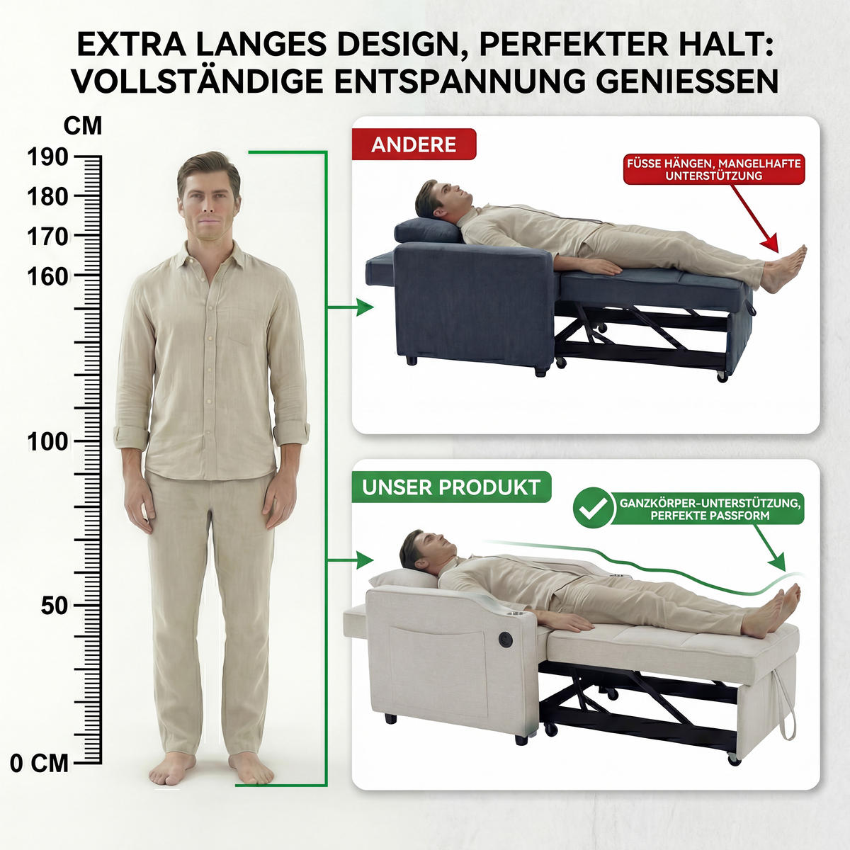 RELAXSESSEL 190/85/86 cm Beige mit USB-/Typ-C-Anschluss und Seitentasche - Beige, Textil (190/86/85cm) - Oxeza