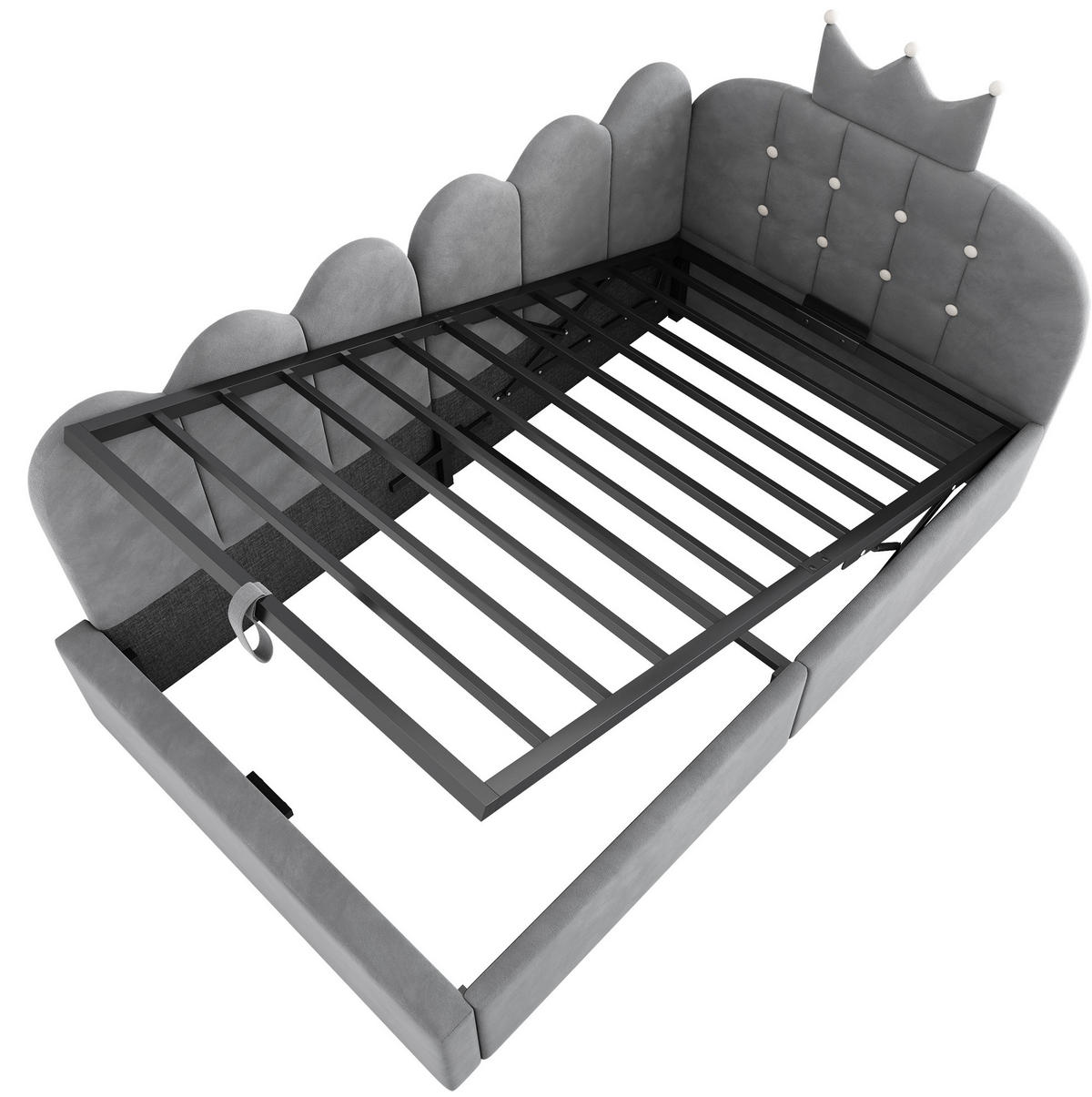 POLSTERBETT aus Samt 90x200 cm Grau mit hydraulischem Stauraum und Kronen-Gitter-Design - Grau, Holzwerkstoff (90/200cm) - Modfu