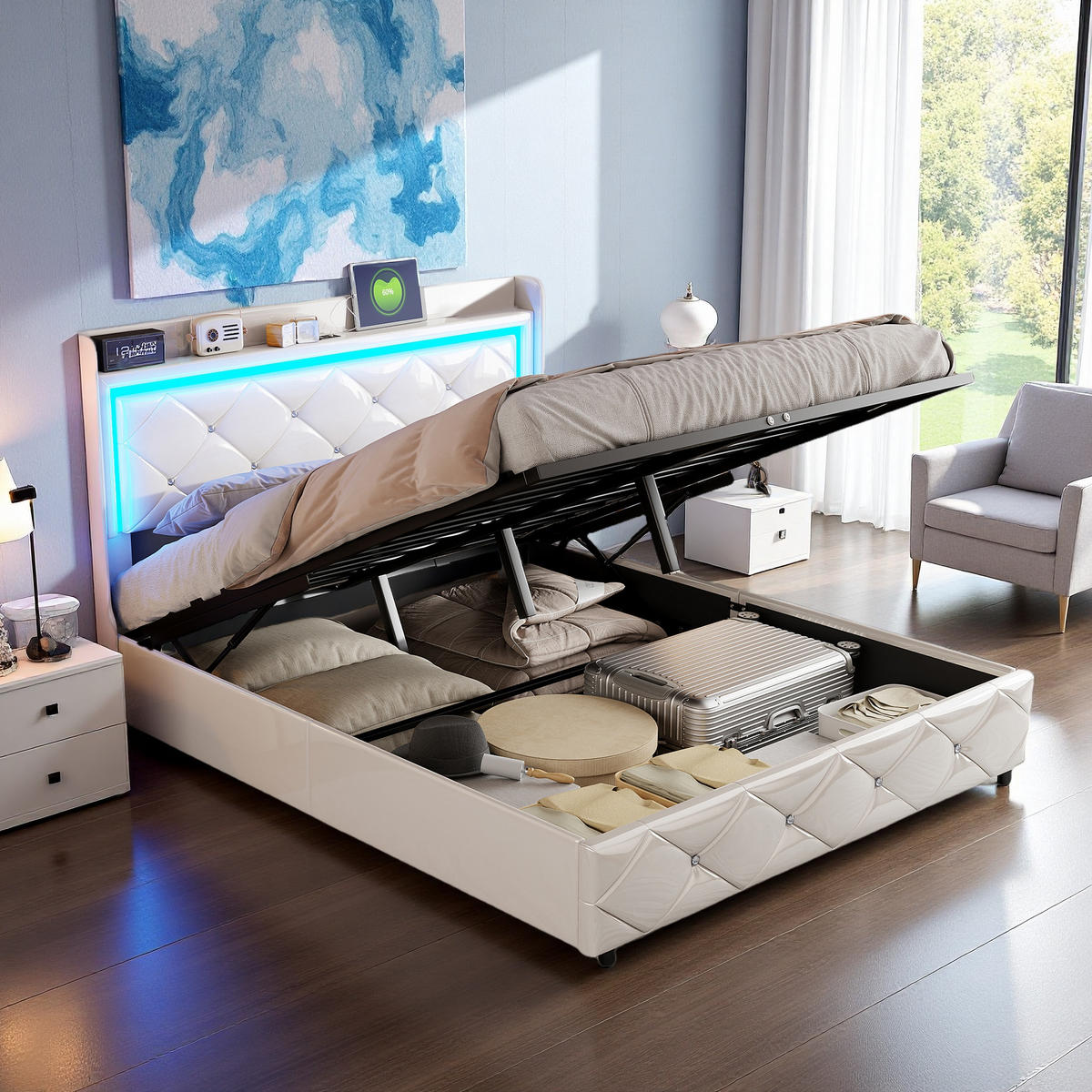 POLSTERBETT 160x200 cm LED USB C Stauraum Lattenrost PU Leder weiß - Weiß, Holz (160/200cm) - LEBENLANG