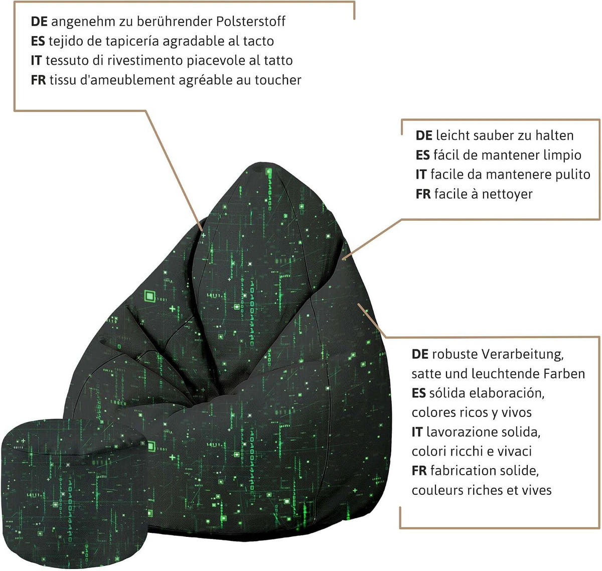 SITZSACK PEARSHAPE MIT FUßSTÜTZE Velvet 2-tlg Cyberpunk M - Jadegrün, Textil (70/120/70cm) - Dreamroots
