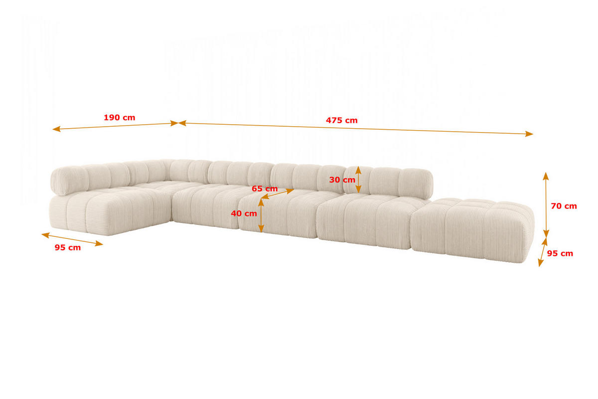 ECKSOFA modulares Sofa Favio-L3 - 475x190x70 cm Beige Cord - Beige, Holzwerkstoff/Textil (475/190cm) - ALTDECOR