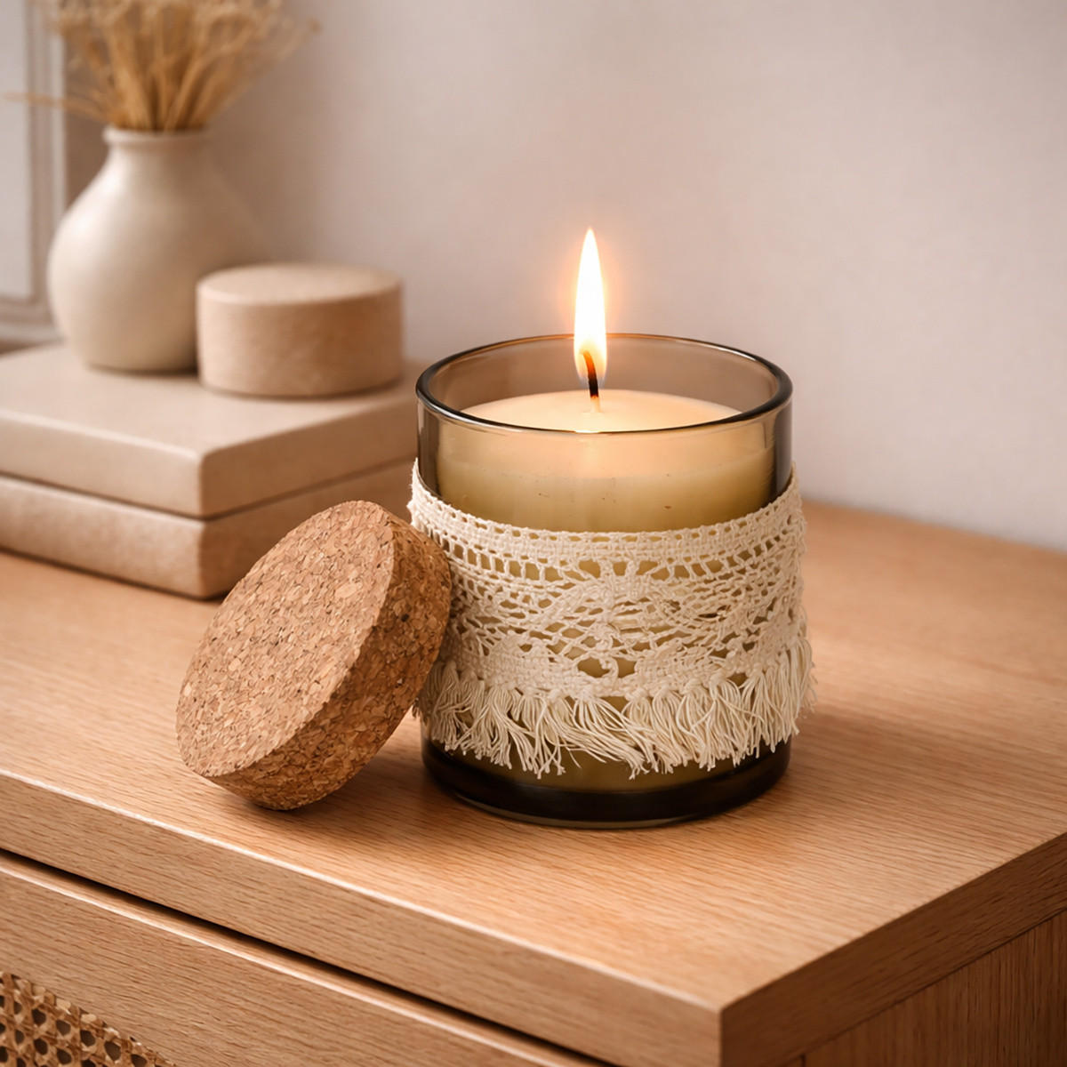 DUFTKERZE mit Korkdeckel 9/9/10 cm - Beige, Paraffin (10cm) - Homea