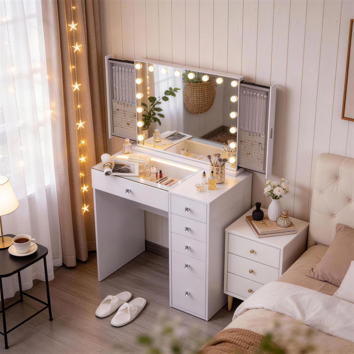 SCHMINKTISCH mit 6 Schubladen 92/55/81 CM und LED Beleuchtung Schminkspiegel integrierter Schmuckbox und Bluetooth weiß 80/60 cm - Weiß, Holz (55/81/92cm) - VANITII