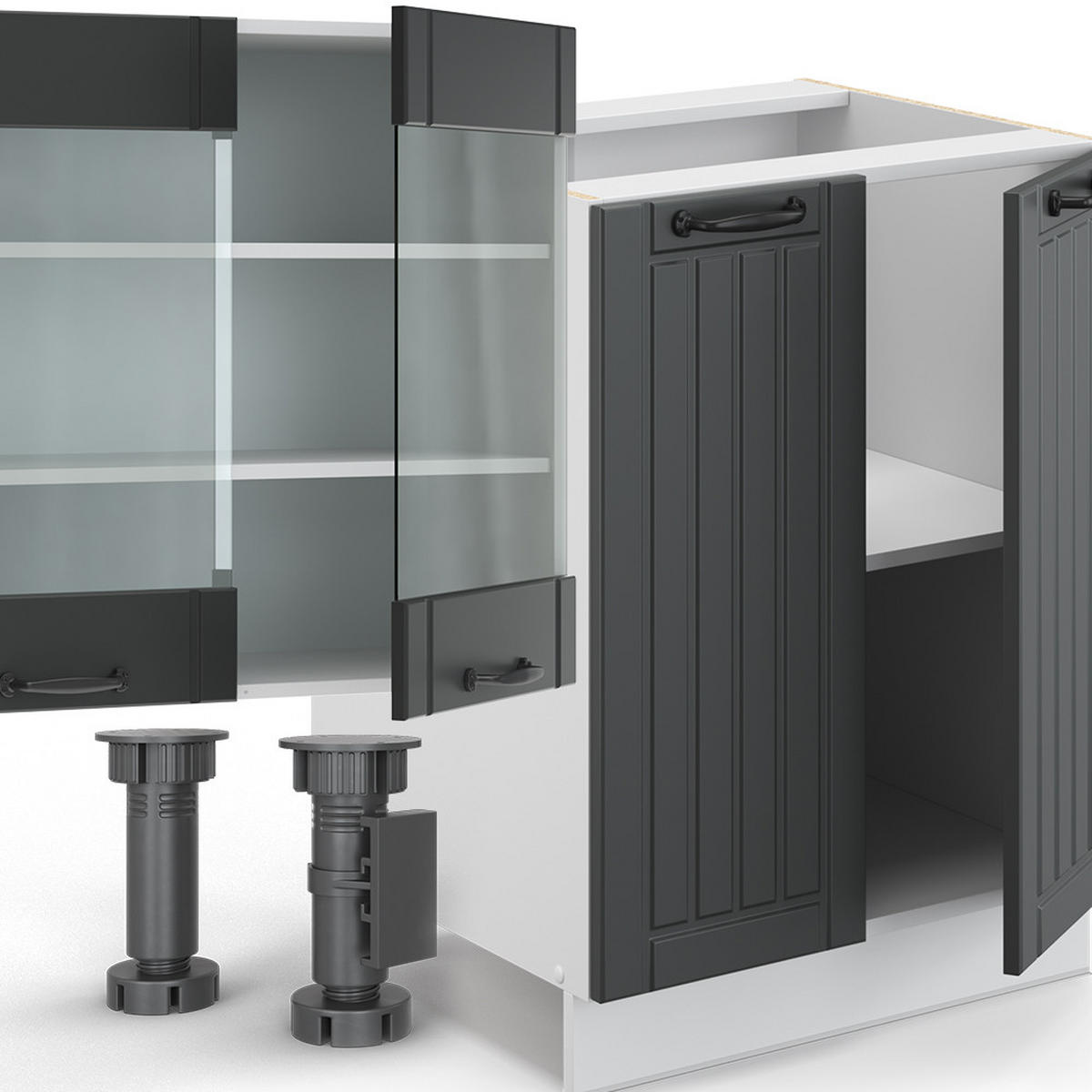 KÜCHENZEILE Fame-Line Anthrazit Landhaus/Weiß 300 cm mit Hochschrank AP Marmor - Dunkelgrau/Weiß, Holzwerkstoff (300/81.6/60cm) - Vicco