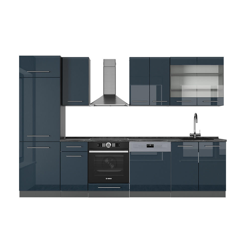 KÜCHENZEILE Fame-Line Dunkelblau Hochglanz/Anthrazit 300 cm AP Anthrazit - Anthrazit/Dunkelblau, Holzwerkstoff (300/81.6/60cm) - Vicco
