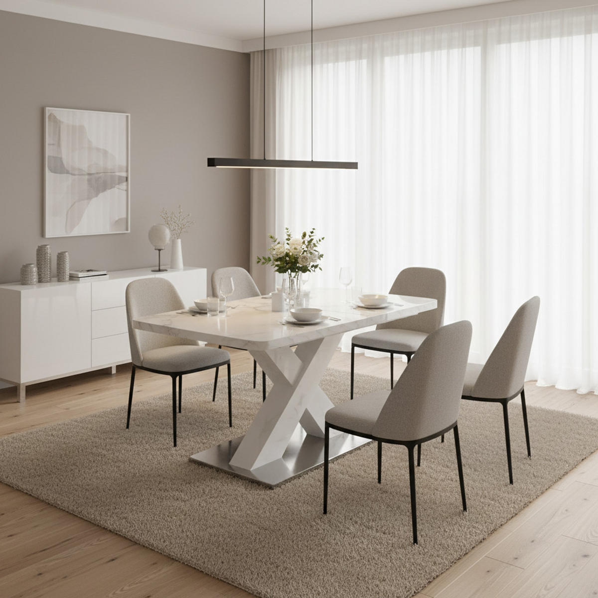 ESSTISCH AUSZIEHBARER Weiß Marmoroptik mit Ausziehfunktion & X-Gestell - Weiß, Holzwerkstoff/Metall (80/160/76.5cm) - Urban Meuble