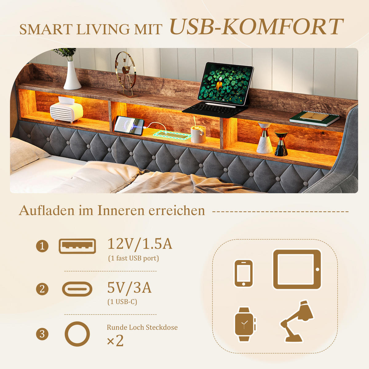 POLSTERBETT 90/180x190 cm aus Samt in Dunkelgrau mit LED und USB- und Type-C-Anschlüssen - Dunkelgrau, Textil (90/190cm) - Flora Grace