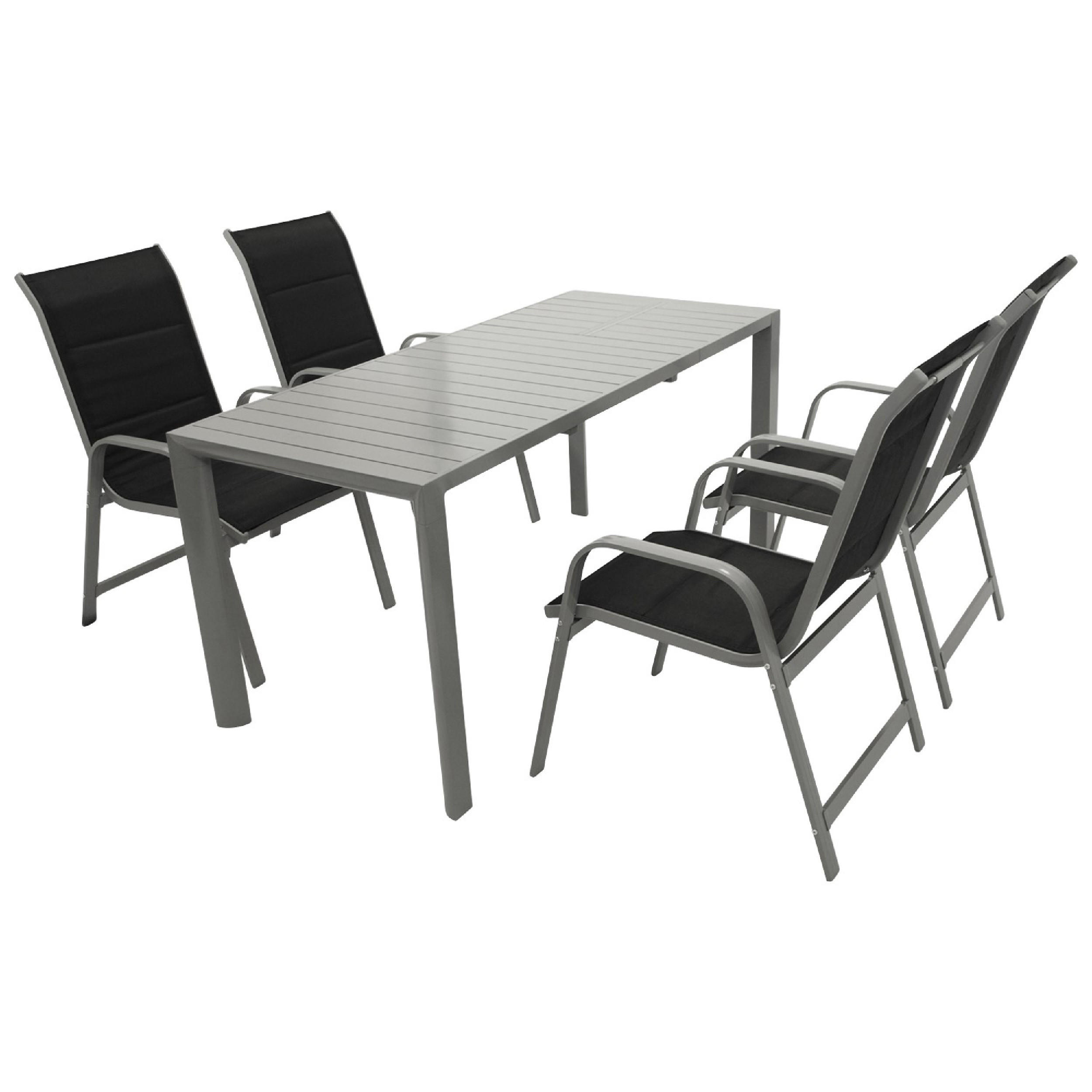 GARTEN-GARNITUR Ashford - 5-teilige Garten-Essgruppe (4x Stapelsessel Hochlehner Aluminium silbergrau + Textilgewebe gepolstert schwarz - Grau, Metall - TPFGarden