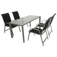 GARTEN-GARNITUR Ashford - 5-teilige Garten-Essgruppe (4x Stapelsessel Hochlehner Aluminium silbergrau + Textilgewebe gepolstert schwarz - Grau, Metall - TPFGarden