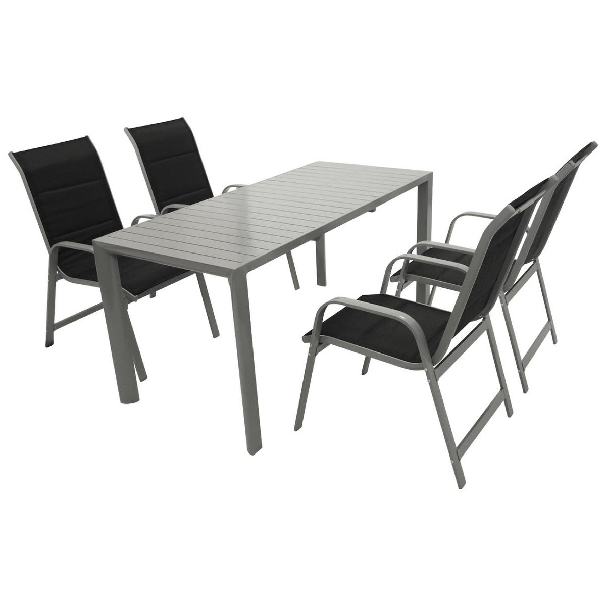 GARTEN-GARNITUR Ashford - 5-teilige Garten-Essgruppe (4x Stapelsessel Hochlehner Aluminium silbergrau + Textilgewebe gepolstert schwarz - Grau, Metall - TPFGarden