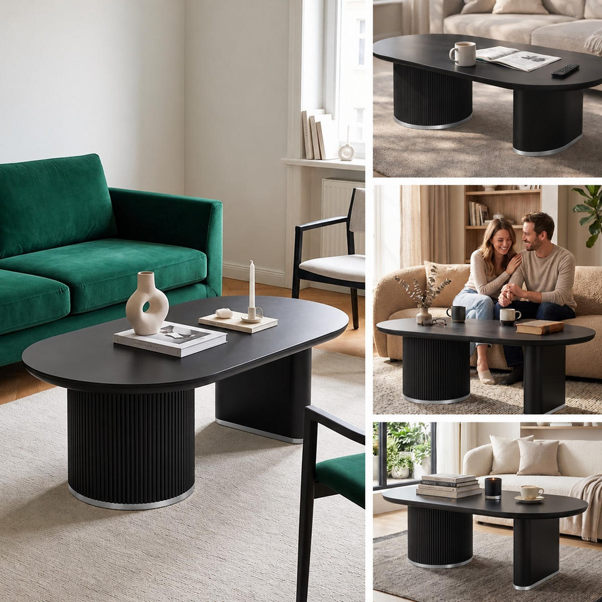 COUCHTISCH Oval Schwarz 130 × 70 cm mit geriffeltem Säulengestell und Silberakzenten - Schwarz, Holzwerkstoff (70/130/45cm)